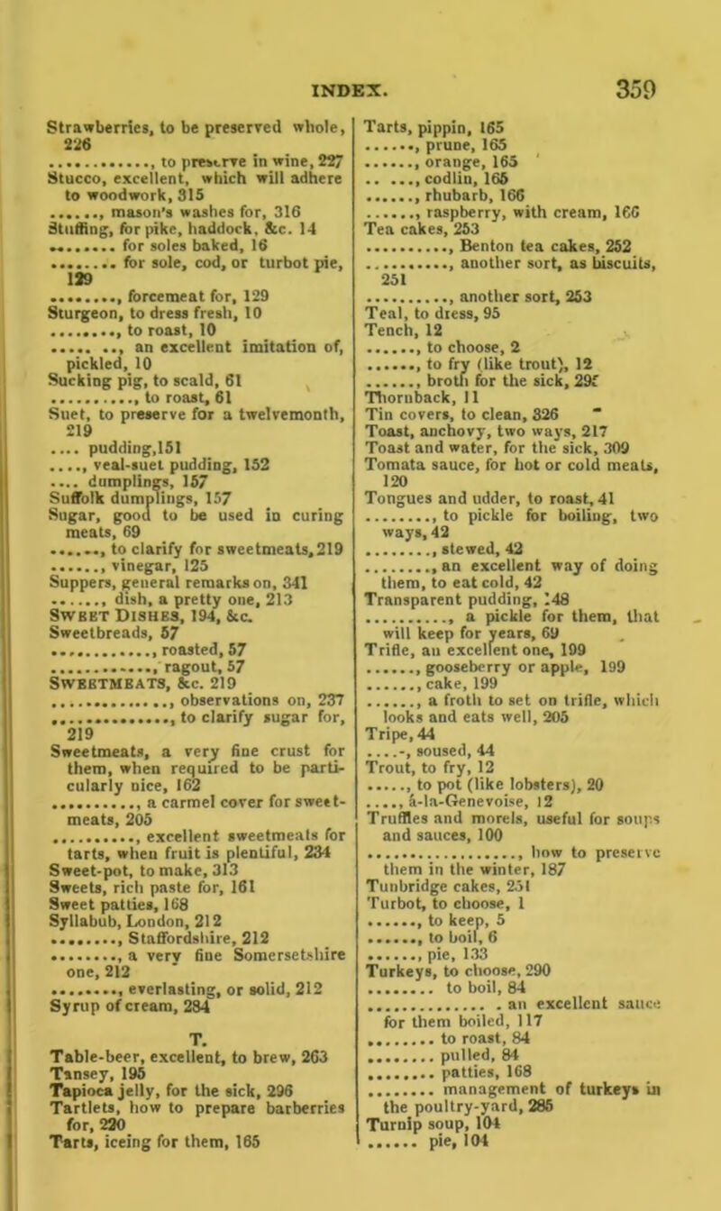Strawberries, to be preserved whole, 226 to preserve in wine, 227 Stucco, excellent, which will adhere to woodwork, 315 mason’s washes for, 316 Stuffing, for pike, haddock. &c. 14 .. for soles baked, 16 for sole, cod, or turbot pie, 139 forcemeat for, 129 Sturgeon, to dress fresh, 10 to roast, 10 an excellent imitation of, pickled, 10 Sucking pig, to scald, 61 to roast, 61 Suet, to preserve for a twelvemonth, 219 .... pudding,151 veal-suet pudding, 152 .... dumplings, 157 Suffolk dumplings, 157 Sugar, good to be used in curing meats, 69 ....... to clarify for sweetmeats,219 vinegar, 125 Suppers, general remarks on, 341 dish, a pretty one, 213 Sweet Dishes, 194, &c. Sweetbreads, 57 roasted, 57 ragout, 57 SWBETMBATS, &c. 219 observations on, 237 to clarify sugar for, 219 Sweetmeats, a very fine crust for them, when required to be parti- cularly nice, 162 a carmel cover for sweet- meats, 205 excellent sweetmeats for tarts, when fruit is plentiful, 234 Sweet-pot, to make, 313 Sweets, rich paste for, 161 Sweet patlies, 168 Syllabub, London, 212 Staffordshire, 212 , a very fine Somersetshire one, 212 everlasting, or solid, 212 Syrup of cream, 284 T. Table-beer, excellent, to brew, 263 Tansey, 195 Tapioca jelly, for the sick, 296 Tartlets, how to prepare barberries for, 220 Tarts, iceing for them, 165 Tarts, pippin, 165 prune, 165 orange,165 codlin, 165 rhubarb, 166 raspberry, with cream, 166 Tea cakes, 253 Benton tea cakes, 252 another sort, as biscuits, 251 another sort, 253 Teal, to diess, 95 Tench,12 to choose, 2 to fry (like trout), 12 broth for the sick, 29f Tlioruback, 11 Tin covers, to clean, 326 Toast, anchovy, two ways, 217 Toast and water, for the sick, 309 Tomata sauce, for hot or cold meats, 120 Tongues and udder, to roast, 41 to pickle for boiling, two ways, 42 stewed, 42 an excellent way of doing them, to eat cold, 42 Transparent pudding, 148 a pickle for them, that will keep for years, 69 Trifle, an excellent one, 199 gooseberry or apple, 199 cake, 199 a froth to set on trifle, which looks and eats well, 205 Tripe, 44 ....-, soused, 44 Trout, to fry, 12 to pot (like lobsters), 20 a-la-Genevoise, 12 Truffles and morels, useful for soups and sauces, 100 how to preserve them in the winter, 187 Tunbridge cakes, 251 Turbot, to choose, 1 ....... to keep, 5 , to boil, 6 ....... pie, 133 Turkeys, to choose, 290 to boil, 84 an excellent sauce for them boiled, 117 to roast, 84 pulled, 84 ........ patties, 168 management of turkeys in the poultry-yard, 285 Turnip soup, 104 ...... pie, 104