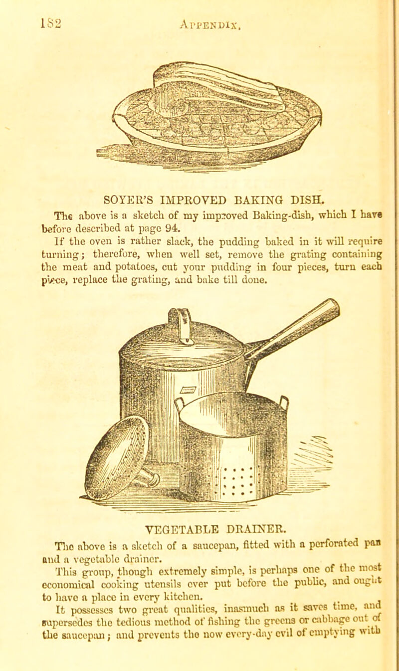 SOYER’S IMPROVED BAKING DISH. The above is a sketch of my improved Baking-dish, which I have before described at page 94. If the oven is rather slack, the pudding baked in it will require turning; therefore, when well set, remove the grating containing the meat and potatoes, cut your pudding in four pieces, turn each pV.ce, replace the grating, and bake till done. VEGETABLE DRAINER. The above is a sketch of a saucepan, fitted with a perforated pan and a vegetable drainer. This group, though extremely simple, is perhaps one of the most economical cooking utensils ever put before the public, and ought to have a place in every kitchen. It possesses two great qualities, inasmuch as it saves time, and supersedes the tedious method of fishing the greens or cabbage out of the saucepan; and prevents the now every-day evil of emptying with