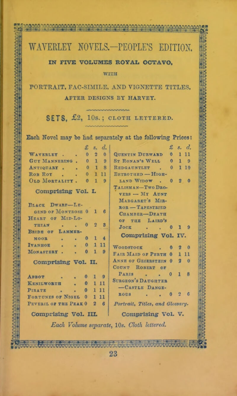 WAVERLEY NOVELS—PEOPLE’S EDITION IN FIVE VOLUMES ROYAL OCTAVO, WITH PORTRAIT, FAC-SIMILE, AND VIGNETTE TITLES, AFTER DESIGNS BY HARVEY. SETS, £2, 10s.; cloth lettered. Each Novel may he had separately at the following Prices: £ s. d. £ S. d. Waverley . 0 2 0 Quentin Durward 0 1 ll Got Mannering . 0 1 9 St Ronan’s Well 0 1 9 Antiquart . . 0 1 S Redgauntlet 0 1 10 Rob Rot 0 1 11 Betrothed — High- Old Mortalitt . 0 1 9 land Widow 0 2 0 Talisman—Two Dro- Comprising Vol. I. vers — Mt Aunt Margaret's Mir- Black Dwarf—Le- 6 ror — Tapestried gend of Montrose 0 1 Chamber—Death Heart of Mid-Lo- of the Laird’s thian 0 2 8 Jock 0 1 9 Bride of Lammer- MOOR 0 X 4 Comprising Vol. IV. IVANHOE 0 1 11 Woodstock , 0 2 0 Monastert . 0 1 9 Fair Maid of Perth 0 1 11 Comprising Vol. II. Anne of Geierstein 0 2 0 Count Robert of Abbot . . 0 1 9 Paris 0 1 8 Kenilworth . 0 I 11 Surgeon’s Daughter Pirate 0 I 11 —Castle Dange- Fortunes of Nigel 0 I 11 rous 0 2 6 Peveril of the Peak 0 2 6 Portrait, Titles, and Glossary. Comprising Vol. IIL Comprising Vol. V. Each Volume separate, 10s. Cloth lettered.