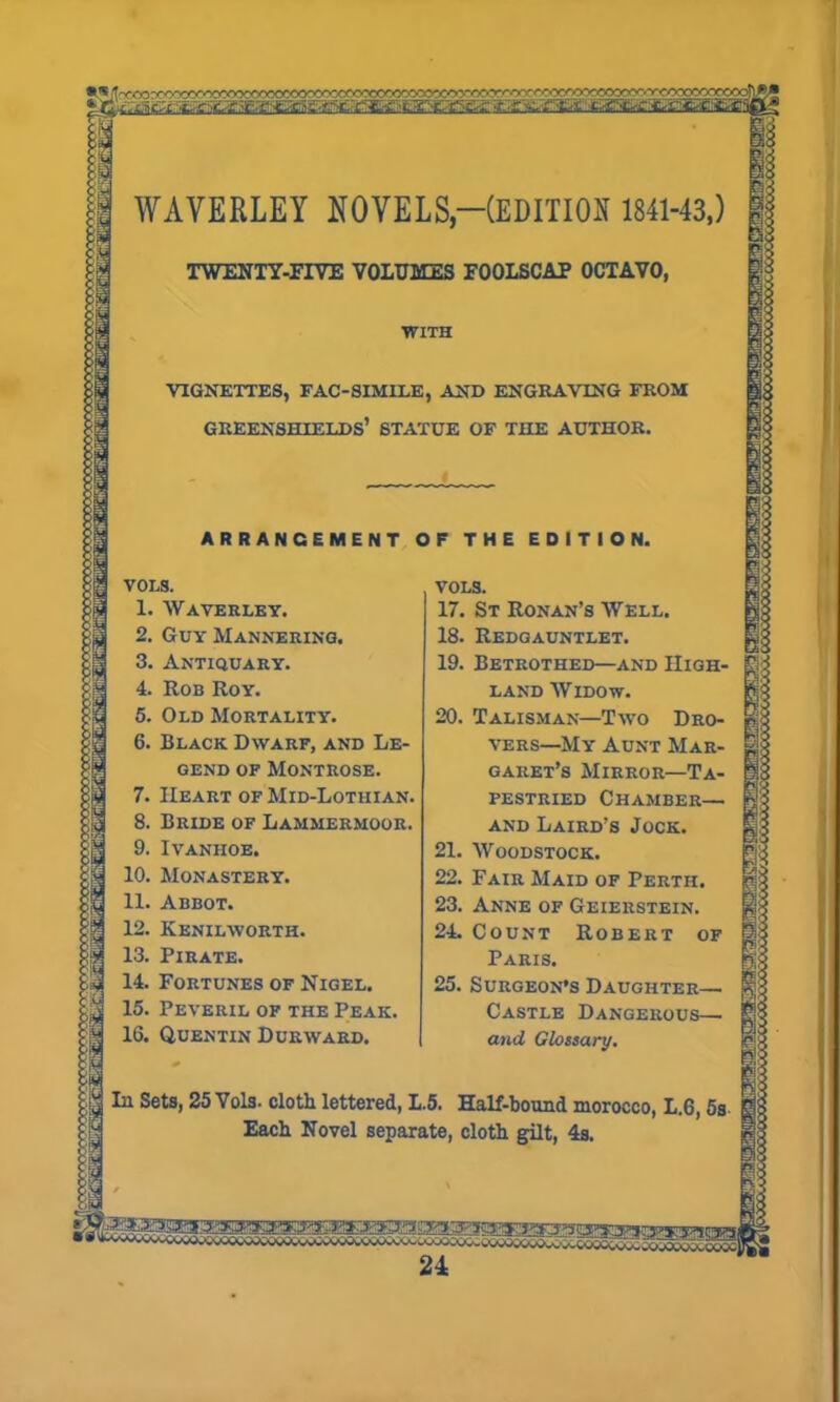 | WAVERLEY NOVELS,-(EDITIOH 1841-43,) TWENTY-FIVE VOLUMES FOOLSCAP OOIAVO, WITH VIGNETTES, FAC-SIMILE, AND ENGRAVING FROM GREENSHIELDS’ STATUE OF THE AUTHOR. ARRANGEMENT OF THE EDITION. VOLS. 1. WAVERLEY. 2. Guy Mannering. 3. Antiquary. 4. Rob Roy. 5. Old Mortality. 6. Black Dwarf, and Le- gend of Montrose. 7. Heart of Mid-Lothian. 8. Bride of Lammermoor. 9. Ivanhoe. 10. Monastery. 11. Abbot. 12. Kenilworth. 13. Pirate. 14. Fortunes of Nigel. 15. Peveril of the Peak. 16. Quentin Durward. vols. 17. St Ronan’s Well. 18. Redgauntlet. 19. Betrothed—and High- land Widow. 20. Talisman—Two Dro- vers—My Aunt Mar- garet’s Mirror—Ta- pestried Chamber— and Laird’s Jock. 21. Woodstock. 22. Fair Maid of Perth. 23. Anne of Geierstein. 24. Count Robert of Paris. 25. Surgeon’s Daughter— Castle Dangerous— and Glossary. In Sets, 25 Vols. cloth lettered, L.5. Half-bound morocco, L.6,5s Each Novel separate, cloth gilt, 4s.