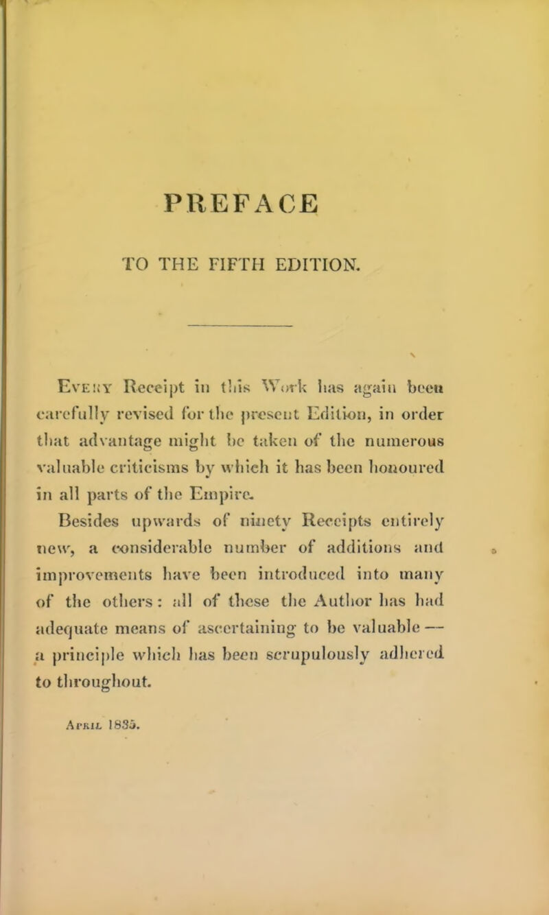 TO THE FIFTH EDITION. Eveky Receipt in tills Work lias again been carefully revised for the present Edition, in order that advantage might he taken of the numerous valuable criticisms by whieh it has been honoured in all parts of the Empire. Besides upwards of ninety Receipts entirely new, a considerable number of additions and improvements have been introduced into many of the others: all of these the Author has had adequate means of ascertaining to be valuable — a principle which has been scrupulously adhered to throughout. Ai-kil 1835.