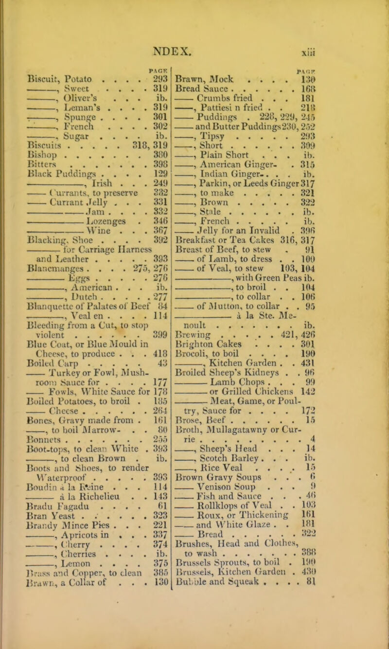 PACK Biscuit, Potato .... 293 , Sweet .... 319 , Oliver’s ... ib. , Leman's . . . .319 , Spunge .... 301 — French .... 302 , Sugar .... ib. Biscuits 318, 319 Bishop 380 Bitters 398 Black Puddings .... 129 , Irish . . . 249 ( 'urrants, to preserve 332 Currant Jelly . . . 331 Jam .... 332 Lozenges . 346 Wine . . . 367 Blacking. Shoe .... 392 for Carriage Harness and Leather 383 Blancmanges .... 275, 276 Bggs 276 , American ... ib. , Dutch 277 Blanquettc of Palates of Beef 134 , Veal en . . . .114 Bleeding from a Cut, to stop violent 399 Blue Coat, or Blue Mould in Cheese, to produce . . . 418 Boiled Carp 43 Turkey or Fowl, Mush- room Sauce for . . . .177 Fowls, White Sauce for 178 Boiled Potatoes, to broil . 185 Cheese 264 Bones, Gravy made from . 161 , to boil Marrow- . . 80 Bonnets 255 Boot-tops, to clean White . 393 —, to clean Brown . ib. Boots and Shoes, to render Waterproof 393 Boudin a la R*eine . . . 114 a la Richelieu . . 143 Bradu Fagadu .... 61 Bran Yeast ...... 323 Brandy Mince Pies . . . 221 ■ , Apricots in . . . 337 . , Cherry .... 374 . , Cherries . . . . ib. , Lemon .... 375 Brass and Copper, to clean 385 Brawn, a Coliar of . . . 130 ptoir Brawn, Mock .... 130 Bread Sauce 168 Crumbs fried . . . 181 , Pattiesi n fried . . 218 Puddings . 228,229, 245 and Butter Puddings230,252 , Tipsy 293 , Short 309 , Plain Short . . . ib. , American Ginger- . 315 , Indian Ginger-... ib. , Parkin, or Leeds Ginger 317 , to make 321 , Brown 322 , Stale ib. , French ib. Jelly for an Invalid . 396 Breakfast or Tea Cakes 316, 317 Breast of Beef, to stew . 91 of Lamb, to dress . . 100 of Veal, to stew 103, 104 , with Green Peas ib. , to broil . . 104 , to collar . .106 of Mutton, to collar . . 95 . a la Ste. Me- noult ib. Brewing . . . . . 421,426 Brighton Cakes .... 301 Brocoli, to boil .... 190 , Kitchen Garden . . 431 Broiled Sheep’s Kidneys . . 96 Lamb Chops ... 99 or Grilled Chickens 142 Meat, Game, or Poul- try, Sauce for ... . 172 Brose, Beef 15 Broth, Mullagatawny or Cur- rie 4 , Sheep’s Head ... 14 , Scotch Barley. . . ib. , Rice Veal .... 15 Brown Gravy Soups ... 6 Venison Soup ... 9 Fish and Sauce . . . 46 Rollklops of Veal . .103 Roux, or Thickening 161 and White Glaze . . 181 Bread 322 Brushes, Head and Clothes, to wash 388 Brussels Sprouts, to boil . 190 Brussels, Kitchen Garden . 430 Bubble and Squeak . . . . 81