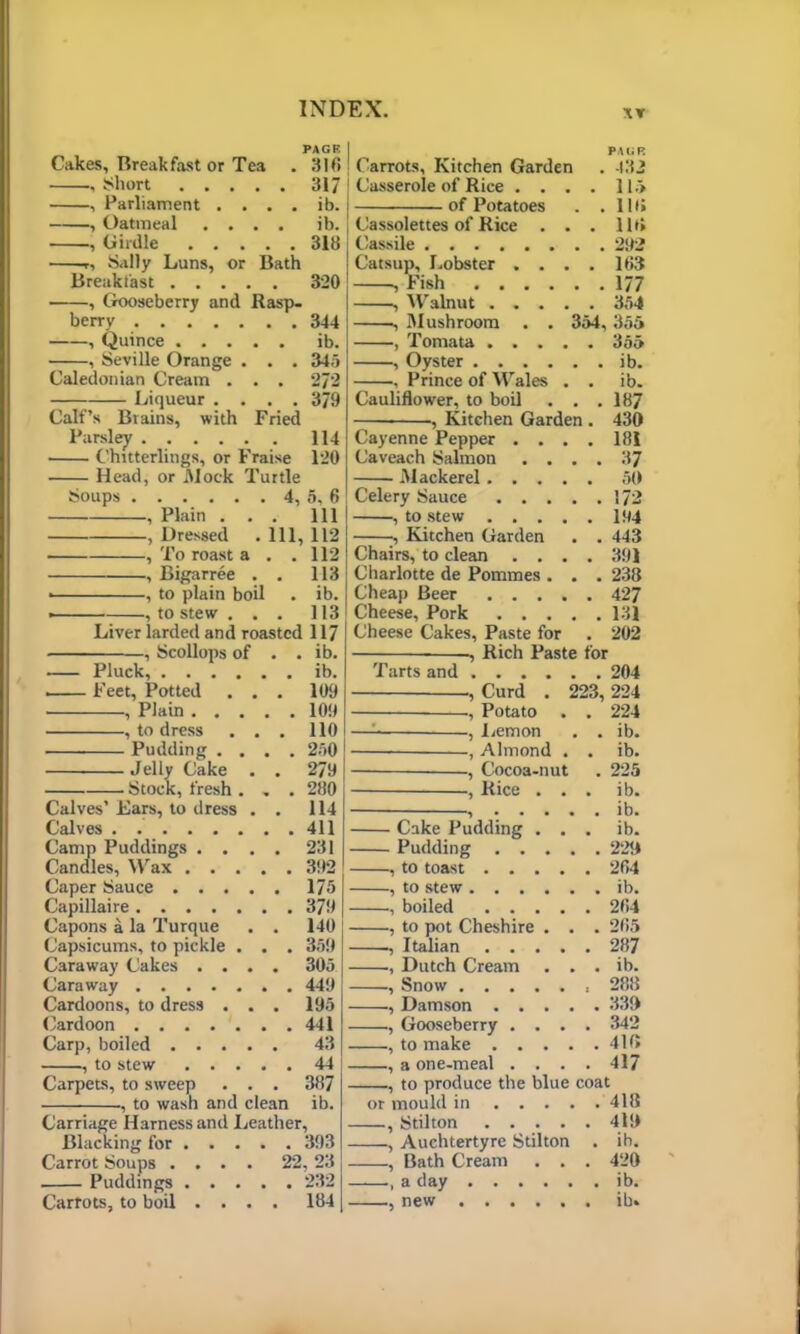 xr PAGE Cakes, Breakfast or Tea . 316 , Short 317 , Parliament . . . . ib. , Oatmeal .... ib. , Girdle 318 r, Sally Luns, or Bath Breakfast 320 , Gooseberry and Rasp- berry 344 , Quince ib. , Seville Orange . . . 1415 Caledonian Cream . . . 272 Liqueur .... 379 Calf’s Brains, with Fried Parsley 114 Chitterlings, or Fraise 120 Head, or .Mock Turtle Soups 4, 5, 6 , Plain ... Ill , Dressed . Ill, 112 , To roast a . .112 , Bigarree . . 113 • , to plain boil . ib. ■ , to stew ... 113 Liver larded and roasted 117 , Scollops of . . ib. Pluck, ib. Feet, Potted ... 109 , Plain 10!) , to dress ... 110 • Pudding .... 250 Jelly Cake . . 279 ■ Stock, fresh . . . 280 Calves’ Ears, to dress . . 114 Calves 411 Camp Puddings .... 231 Candles, Wax 392 Caper Sauce 175 Capillaire 379 Capons a la Turque . . 140 Capsicums, to pickle . . . 359 Caraway Cakes .... 305 Caraway 449 Cardoons, to dress . . . 195 Cardoon 441 Carp, boiled 43 , to stew 44 Carpets, to sweep . . . 387 , to wash and clean ib. Carriage Harness and Leather, Blacking for 393 Carrot Soups .... 22, 23 Puddings 232 Carrots, to boil .... 184 PAGE | Carrots, Kitchen Garden . 432 Casserole of Rice . . . . 115 of Potatoes . .110 Cassolettes of Rice . . . 116 Cassile 292 Catsup, Lobster .... 163 , Fish 177 , Walnut 354 , Mushroom . . 354, 355 , Tomata 355 , Oyster ib. , Prince of Wales . . ib. Cauliflower, to boil . . .187 , Kitchen Garden . 430 Cayenne Pepper .... 181 Caveach Salmon .... 37 Mackerel 50 Celery Sauce 172 , to stew 194 -, Kitchen Garden . . 443 Chairs, to clean .... 391 Charlotte de Pommes . . . 238 Cheap Beer 427 Cheese, Pork 131 Cheese Cakes, Paste for . 202 Rich Paste for Tarts and 204 , Curd . 223, 224 -, Potato . . 224 —- , Lemon . . ib. , Almond . . ib. —, Cocoa-nut . 225 -, Rice ... ib. ib. Cake Pudding ... ib. Pudding 220 , to toast 264 , to stew ib. , boiled 264 , to pot Cheshire . . . 265 —■ Italian 287 , Dutch Cream . . . ib. , Snow 288 ., Damson 330 , Gooseberry .... 342 , to make 416 , a one-meal .... 417 , to produce the blue coat or mould in 418 , Stilton 410 , Auchtertyre Stilton . ib. ., Bath Cream . . . 420 ——a day ib. , new ib.