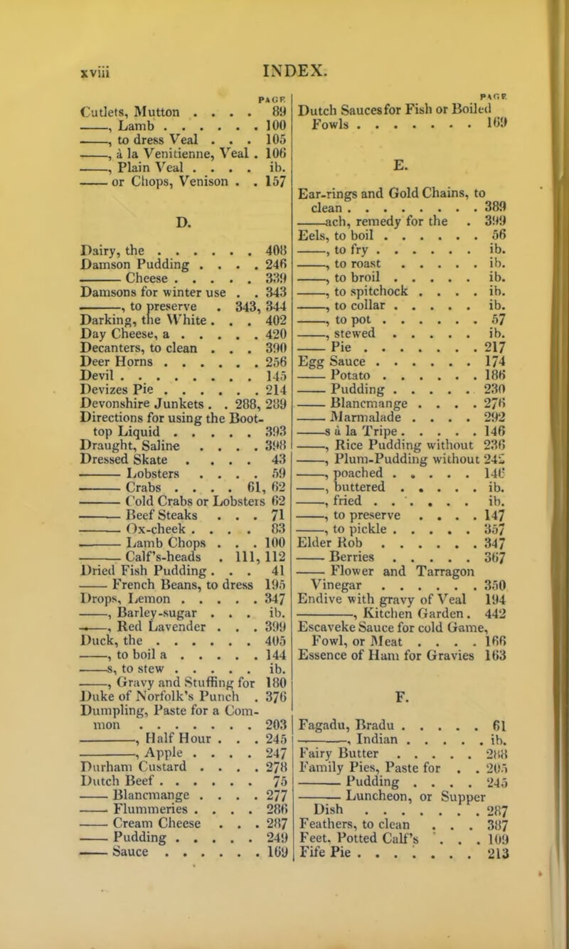 PACE Cutlets, Mutton .... 89 , Lamb 100 , to dress Veal . . . 105 , a la Venitienne, Veal . 106 , Plain Veal .... ib. or Chops, Venison . .157 D. Dairy, the 408 Damson Pudding .... 246 Cheese 339 Damsons for winter use . . 343 , to preserve . 343, 344 Darking, the White. . . 402 Day Cheese, a 420 Decanters, to clean . . . 390 Deer Horns 256 Devil 145 Devizes Pie 214 Devonshire Junkets . . 288, 289 Directions for using the Boot- top Liquid 393 Draught, Saline .... 398 Dressed Skate . ... 43 Lobsters .... 59 Crabs .... 61, 62 Cold Crabs or Lobsters 62 ■ Beef Steaks ... 71 Ox-cheek .... 83 . Lamb Chops . . .100 — Calf’s-heads . 111,112 Dried Fish Pudding ... 41 French Beans, to dress 195 Drops, Lemon 347 , Barley-sugar ... ib. —, Red Lavender . . . 399 Duck, the 405 , to boil a 144 s, to stew ib. , Gravy and Stuffing for 180 Duke of Norfolk’s Punch . 376 Dumpling, Paste for a Com- m on . . 203 , Half Hour . . . 245 , Apple . . . . 247 Durham Custard . . . . 278 Dutch Beef .... Blancmange . . • • 277 • Flummeries . . . . 286 • Cream Cheese . . 287 Pudding . . . . . 249 Sauce .... . . 109 P AC E Dutch Sauces for Fish or Boiled Fowls 169 E. Ear-rings and Gold Chains, to clean 389 ach, remedy for the . 399 Eels, to boil 56 , to fry ib. , to roast ib. , to broil ib. , to spitchock . . . . ib. , to collar ib. , to pot 57 , stewed ib. Pie 217 Egg Sauce 174 Potato 186 Pudding 230 Blancmange .... 276 Marmalade .... 292 -s a la Tripe 146 , Rice Pudding wdthout 236 , Plum-Pudding without 242 , poached ..... 146 , buttered ib. , fried ...... ib. , to preserve . . . .147 , to pickle 35/ Elder Rob 347 Berries 367 Flower and Tarragon Vinegar 350 Endive with gravy of Veal 194 , Kitchen Garden . 442 Escaveke Sauce for cold Game, Fowl, or Meat .... 166 Essence of Ham for Gravies 163 F. Fagadu, Bradu 61 —, Indian ib. Fairy Butter 288 Family Pies, Paste for . . 205 Pudding .... 245 Dish 287 Feathers, to clean . . . 387 Feet, Potted Calf’s '. . .109 Fife Pie ....... 213