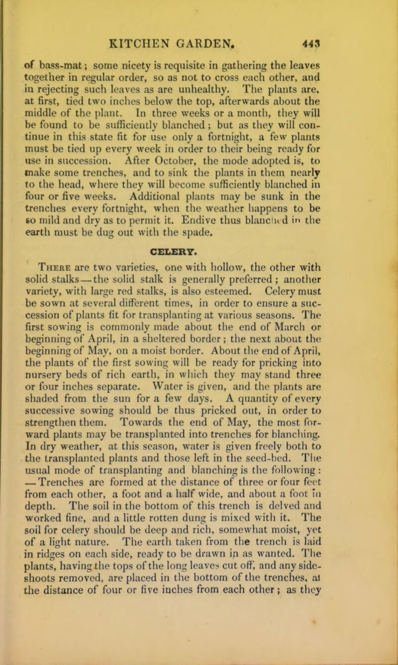 of bass-mat; some nicety is requisite in gathering the leaves together in regular order, so as not to cross each other, and in rejecting such leaves as are unhealthy. The plants are, at first, tied two inches below the top, afterwards about the middle of the plant. In three weeks or a month, they will be found to be sufficiently blanched; but as they will con- tinue in this state fit for use only a fortnight, a few plants must be tied up every week in order to their being ready for use in succession. After October, the mode adopted is, to make some trenches, and to sink the plants in them nearly to the head, where they will become sufficiently blanched in four or five weeks. Additional plants may be sunk in the trenches every fortnight, when the weather happens to be 60 mild and dry as to permit it. Endive thus blanched in the earth must be dug out with the spade. CELERY. There are two varieties, one with hollow, the other with solid stalks — the solid stalk is generally preferred; another variety, with large red stalks, is also esteemed. Celery must be sown at several different times, in order to ensure a suc- cession of plants fit for transplanting at various seasons. The first sowing is commonly made about the end of March or beginning of April, in a sheltered border; the next about the beginning of May, on a moist border. About the end of April, the plants of the first sowing will be ready for pricking into nursery beds of rich earth, in which they may stand three or four inches separate. Water is given, and the plants are shaded from the sun for a few days. A quantity of every successive sowing should be thus pricked out, in order to strengthen them. Towards the end of May, the most for- ward plants may be transplanted into trenches for blanching. In dry weather, at this season, water is given freely both to the transplanted plants and those left in the seed-bed. The usual mode of transplanting and blanching is the following : — Trenches are formed at the distance of three or four feet from each other, a foot and a half wide, and about a foot in depth. The soil in the bottom of this trench is delved and worked fine, and a little rotten dung is mixed with it. The soil for celery should be deep and rich, somewhat moist, yet of a light nature. The earth taken from the trench is laid in ridges on each side, ready to be drawn ip as wanted. The plants, having the tops of the long leaves cut off, and any side- shoots removed, are placed in the bottom of the trenches, at the distance of four or five inches from each other; as they
