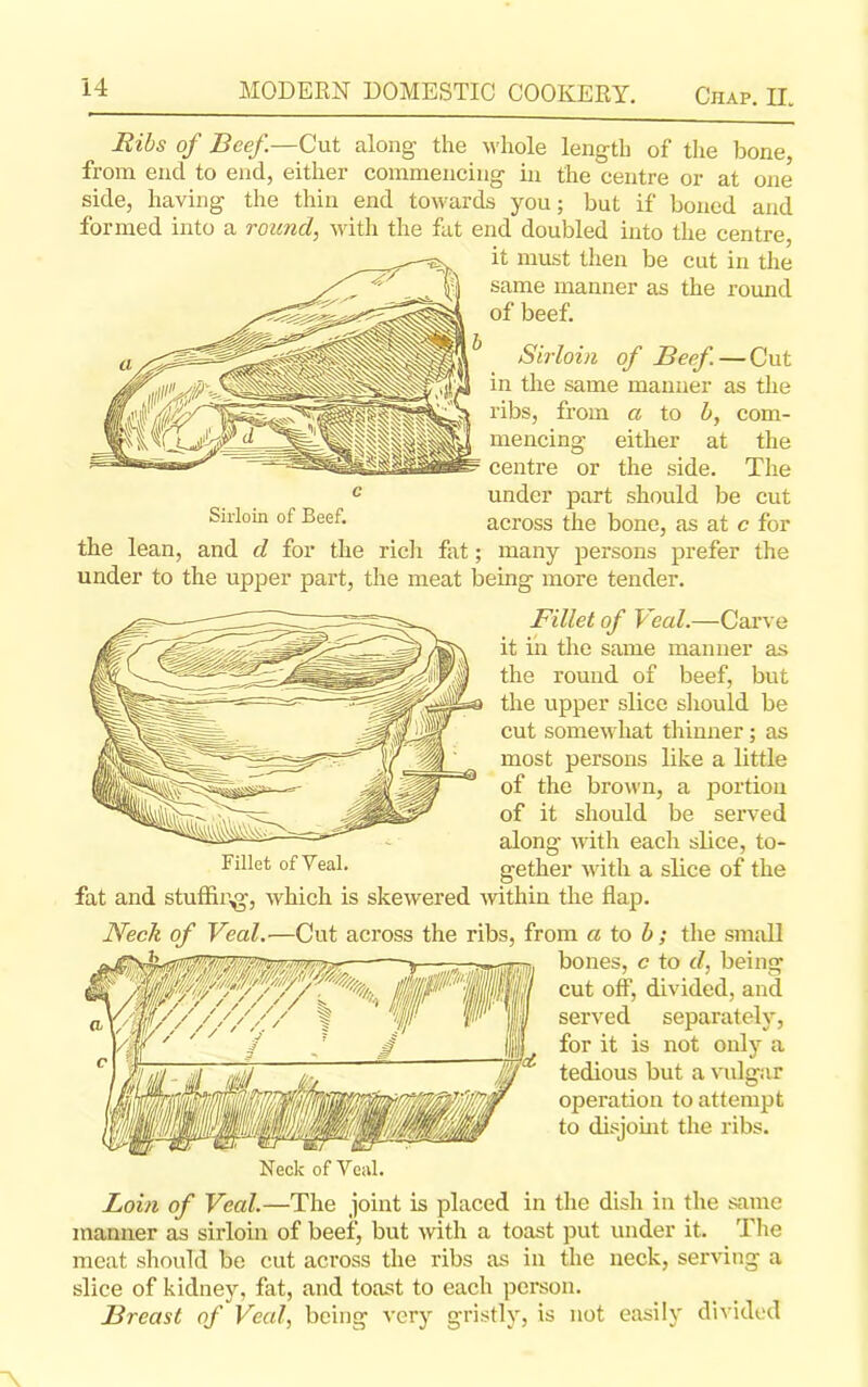 Ribs of Beef—Cut along the whole length of the bone, from end to end, either commencing in the centre or at one side, having the thin end towards you; but if boned and formed into a round, with the fat end doubled into the centre, it must then be cut in the same manner as the round of beef. Sirloin of Beef — Cut in the same manner as the ribs, from a to b, com- mencing either at the centre or the side. The under part should be cut across the bone, as at c for the lean, and d for the rich fat; many persons prefer the under to the upper part, the meat being more tender. Fillet of Veal.—Carve it in the same manner as the round of beef, but the upper slice should be cut somewhat thinner; as most persons like a little of the brown, a portion of it should be served along with each slice, to- Filkt ofYeal. gether with a slice of the fat and stuffing-, which is skewered within the flap. Neck of Veal.—Cut across the ribs, from a to b; the small bones, c to d, being cut off, divided, and served separately, for it is not only a tedious but a vulgar operation to attempt to disjoint the ribs. Neck ofYeal. Loin of Veal.—The joint is placed in the dish in the same manner as sirloin of beef, but with a toast put under it. The meat should be cut across the ribs as in the neck, serving a slice of kidney, fat, and toast to each person. Breast of Veal, being very gristly, is not easily divided