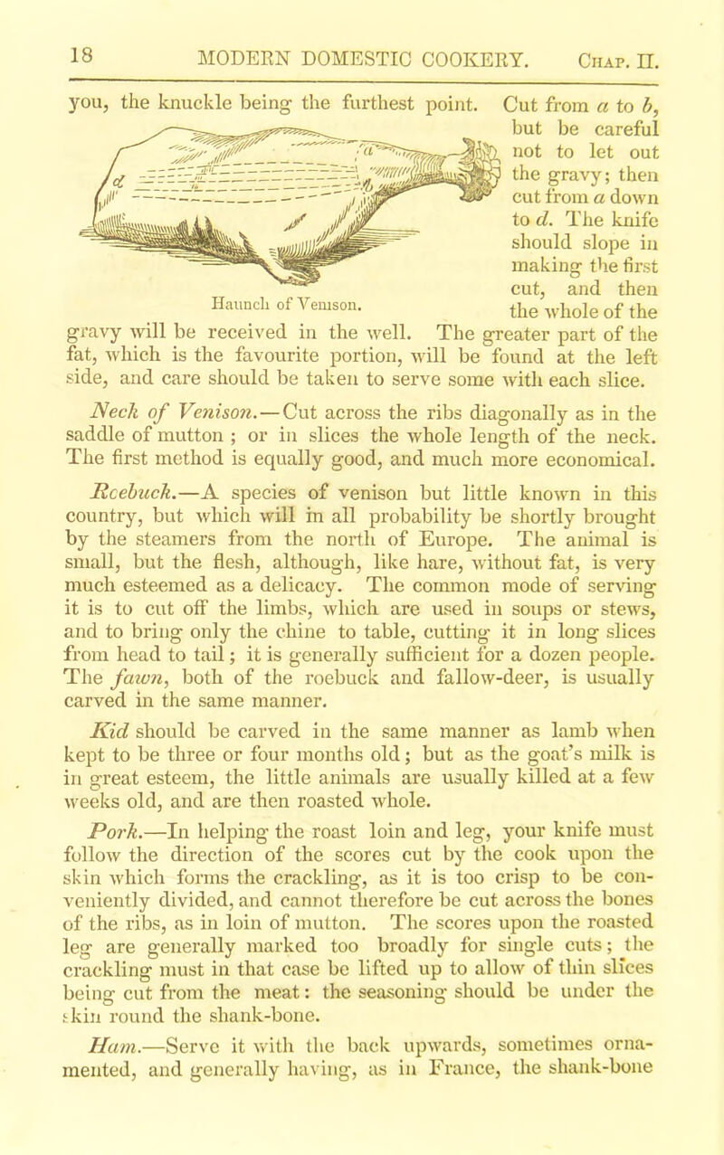 you, the knuckle being the furthest point. Cut from a to b, but be careful not to let out the gravy; then cut from a down to d. The knife should slope in making the first cut, and then Haunch of Venison. the whole of the gravy will be received in the well. The greater part of the fat, which is the favourite portion, will be found at the left side, and care should be taken to serve some with each slice. Neck of Venison. — Cut across the ribs diagonally as in the saddle of mutton ; or in slices the whole length of the neck. The first method is equally good, and much more economical. Roebuck.—A species of venison but little known in this country, but which will in all probability be shortly brought by the steamers from the north of Europe. The animal is small, but the flesh, although, like hare, without fat, is very much esteemed as a delicacy. The common mode of serving it is to cut off the limbs, which are used in soups or stews, and to bring only the chine to table, cutting it in long slices from head to tail; it is generally sufficient for a dozen people. The fawn, both of the roebuck and fallow-deer, is usually carved in the same manner. Kid should be carved in the same manner as lamb when kept to be three or four months old; but as the goat’s milk is in great esteem, the little animals are usually killed at a few weeks old, and are then roasted whole. Pork.—In helping the roast loin and leg, your knife must follow the direction of the scores cut by the cook upon the skin which forms the crackling, as it is too crisp to be con- veniently divided, and cannot therefore be cut across the bones of the ribs, as in loin of mutton. The scores upon the roasted leg are generally marked too broadly for single cuts; the crackling must in that case be lifted up to allow of thin slices being cut from the meat: the seasoning should be under the tkin round the shank-bone. Ham.—Serve it with the back upwards, sometimes orna- mented, and generally having, as in France, the shank-bone