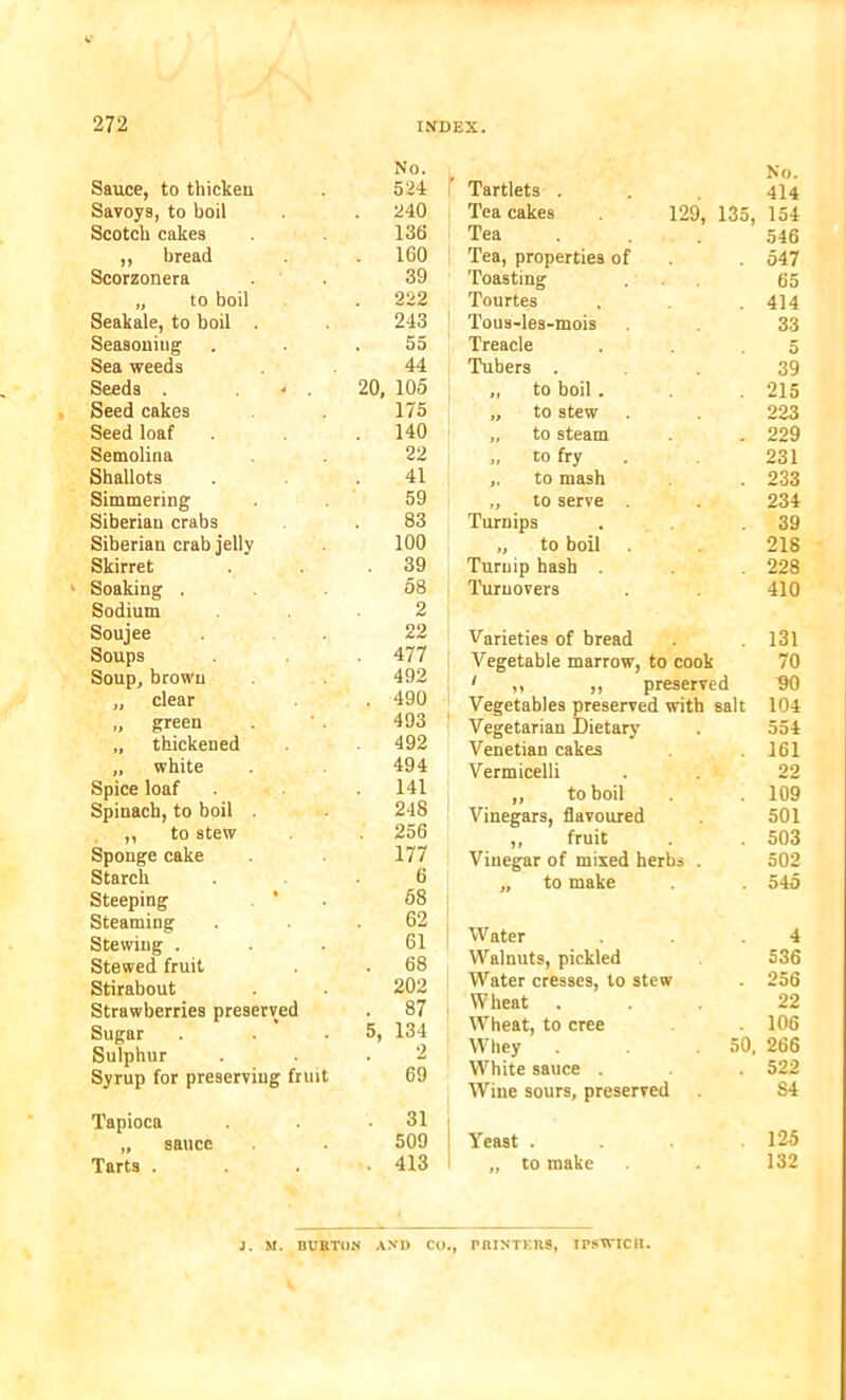 Sauce, to thicken No. 524 Savoys, to boil 240 Scotch cakes 136 ,, bread 160 Scorzonera 39 „ to boil . 222 Seakale, to boil 243 Seasoning 55 Sea weeds 44 Seeds . . 20, 105 Seed cakes 175 Seed loaf 140 Semolina 22 Shallots 41 Simmering 59 Siberian crabs 83 Siberian crab jelly 100 Skirret . 39 Soaking . 58 Sodium 2 Soujee 22 Soups 477 Soup, brown 492 „ clear . 490 „ green 493 „ thickened 492 „ white 494 Spice loaf 141 Spinach, to boil 248 ,, to stew . 256 Sponge cake 177 Starch 6 Steeping * 58 Steaming 62 Stewing . 61 Stewed fruit . 68 Stirabout 202 Strawberries preserved . 87 Sugar 5, 134 Sulphur 2 Syrup for preserviug fruit 69 Tapioca . 31 „ sauce 509 Tarts . . 413 i Tartlets . Tea cakes Tea Tea, properties of Toasting Tourtes ! Tous-les-mois Treacle Tubers . „ to boil . ,, to stew „ to steam „ to fry ,. to mash „ to serve Turnips „ to boil Turnip hash Turnovers No. 414 129, 135, 154 546 . 547 65 . 414 33 5 39 . 215 223 . 229 231 . 233 234 39 218 . 228 410 Varieties of bread . 131 Vegetable marrow, to cook 70 1 ,, ,, preserved 90 Vegetables preserved with salt 104 Vegetarian Dietary . 554 Venetian cakes .161 Vermicelli . . 22 „ to boil . 109 Vinegars, flavoured . 501 „ fruit . . 503 Vinegar of mixed herbs . 502 ,, to make 545 | Water .4 Walnuts, pickled 536 ! Water cresses, to stew . 256 , Wheat ... 22 Wheat, to cree 106 Whey . .50, 266 White sauce . . 522 Wine sours, preserved S4 : Yeast . .125 „ to make . 132 J. M. BURTON AND CO., PRINTKU8, IPSWICH.