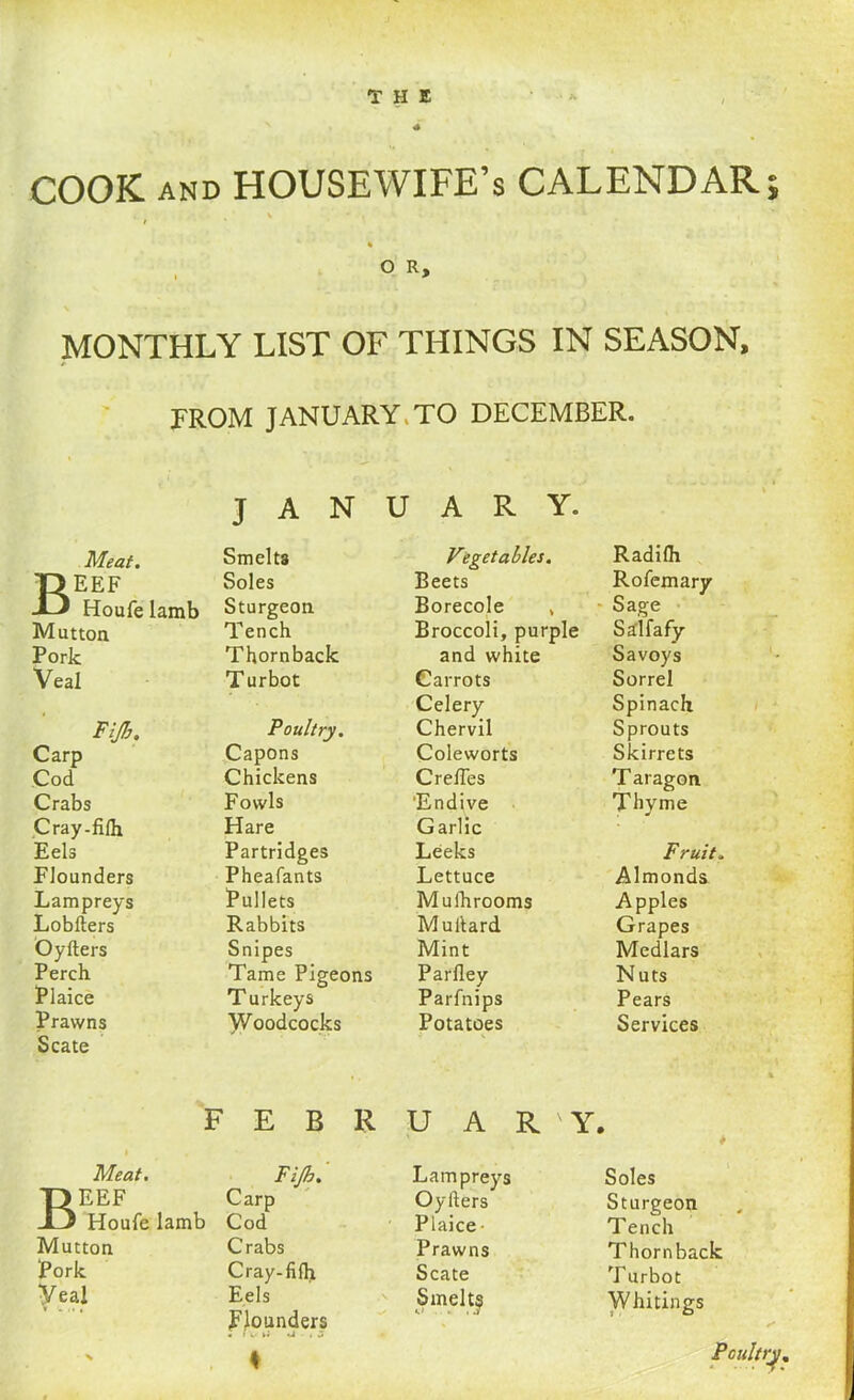 COOK AND HOUSEWIFE’S CALENDAR % O R, I 9 MONTHLY LIST OF THINGS IN SEASON, FROM JANUARY TO DECEMBER. J A N U A R Y. Meat. Smelts Vegetables. Radifh T> EEF Soles Beets Rofemary -D Houfe lamb Sturgeon Borecole , Sage Mutton Tench Broccoli, purple Sa'lfafy Pork Thornback and white Savoys Veal T urbot Carrots Sorrel Celery Spinach Fiji:. Poultry. Chervil Sprouts Carp Capons Coleworts Skirrets Cod Chickens CrefTes T aragon Crabs Fowls 'Endive Thyme Cray-fifh Hare Garlic Eels Partridges Leeks Fruit. Flounders Pheafants Lettuce Almonds Lampreys Pullets Muihrooms Apples Lobflers Rabbits Mullard Grapes Oyfters Snipes Mint Medlars Perch Tame Pigeons Parfley Nuts Plaice T urkeys Parfnips Pears Prawns Woodcocks Potatoes Services Scate « F E B R U A R Y, » Meat. Fijh. Lampreys Soles T)EEF Carp Oyfters Sturgeon -L3 Houfe lamb Cod Plaice Tench Mutton Crabs Prawns Thornback Pork Cray-fifh Scate Turbot Veal Eels flounders • f V »• • . 2 Smelts U , J Whitings • % ♦ Poultry.