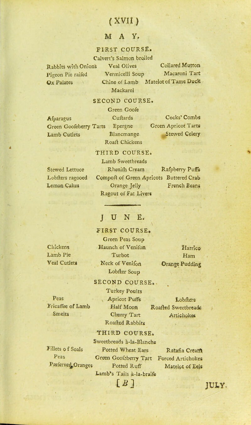 MAY. FIRST COURSE. Calvert’s Salmon broiled Rabbits with Onions Veal Olives Collared Mutton Pigeon Pie railed Vermicelli Soup Macaroni Tart Ox Palates Chine of Lamb Matelot of Tame Duck Mackarel SECOND COURSE. Green Goofe Afparagus Cuftards Green Goofeberry Tarts Epergne Lamb Cutlets Blancmange Roaft Chickens THIRD COURSE. Lamb Sweetbreads Stewed Lettuce Rhenifh Cream Rafpberry Puffs Lobfters ragooed Comport of Green Apricots Buttered Crab Lemon Cakes Orange Jelly Ragout of Fat Livers JUNE. \ FIRST COURSE. Green Peas Soup French Beans Chickens Haunch of Venifon Harrico Lamb Pie Turbot Ham Veal Cutlets Neck of Venifort Lobfter Soup Orange Pudding • SECOND COURSE. Turkey Poults * Peas x Apricot Puffs Lobrters Fricaffee of Lamb Half Moon Roarted Sweetbreade Smelts Cherry Tart Roarted Rabbits THIRD COURSE. Sweetbreads a-la-Blanche Artichokes Fillets o f Soals Potted Wheat Ears Ratafia Creatfl Peas Green Goofcberry Tart Forced Artichokes Preferve^Oranges Potted Ruff Matelot of Eels Lamb’s Tails a-la-braife Cocks’ Combs Green Apricot Tarts . Stewed Celery