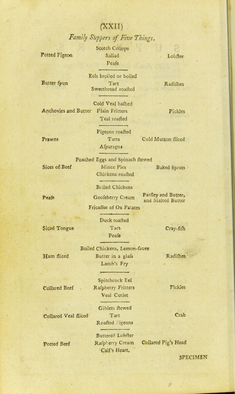 Family Suppers of Five Things. Potted Pigeon Scotch Collops Sallad Lobftcr Peafe Butter fpun Eels broiled or boiled Tart Radilhes Sweetbread roafted Cold VeaJ hafhed Anchovies and Butter Plain Fritters Pickles Prawns Teal roafted Pigeons roafted Tarts Cold Mutton fliced Afparagus Poached Eggs and Spinach ftewed Sices of Beef Mince Pies Baked Sprats Chickens roafted Peafe B( iled Chickens Goofeberry Cream Pa^ 1 and Melted Butter Fricaflee of Ox Palates Siced Tongue Duck roafted Tart Cray-fifti Peafe Ham fliced Boiled Chickens, Lemon-fauee Butter in a glafs Radifties Lamb’s Fry Collared Beef Spitchcock Eel Rafpberry Fritters Pickles Veal Cutlet Giblets ftewed Collared Veal fliced Tart Crab Roafted Pigeons Potted Beef Buttered Lobfter Rafp' erry Cream Collared Pig’s Head Calf’s Heart, SPECIMEN