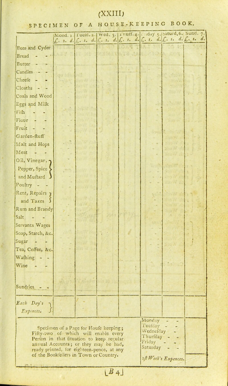 SPECIMEN OF A HOUSE-KEEPING BOOK, Beer and Cyder Bread - - ' Butter - Candles - - Cheefe - Cloaths - - Coals and Wood Eggs and Milk Filh - - Flour Fruit - Garden-fluff Malt and Hops Meat Oil, Vinegar, -» Pepper, Spice V andMuftard J Poultry - Rent, Repairs f and Taxes 5 Rum and Brandy Salt - - Servants Wages Soap, Starch, See. Sugar Tea, Coffee, &c. Wafhing - - Wine Sundries - - JViond. 1 £• *■ *■ 1 uekl. a. £. s. d. Vved. 3. f. s. d. inurl. 4. £■ d. - ‘day 5, £• d- saturd.6. bund. 7. £■ s. d.£. s. d. ? ! ■: j - - 1 Each Day's -i F.xptnccs. S Specimen of a Page for Houfe keeping; Fifty-iwo of which will enable every Perfon in that fituation to keep regular annual Accounts; or they may be had, ready printed, lor eighteen-pence, at any of the Bookfeilers in Town or Country. L*4J Monday Tuefday - vVednefday Thurfday - Friday Saturday ift Wtek's Expences «