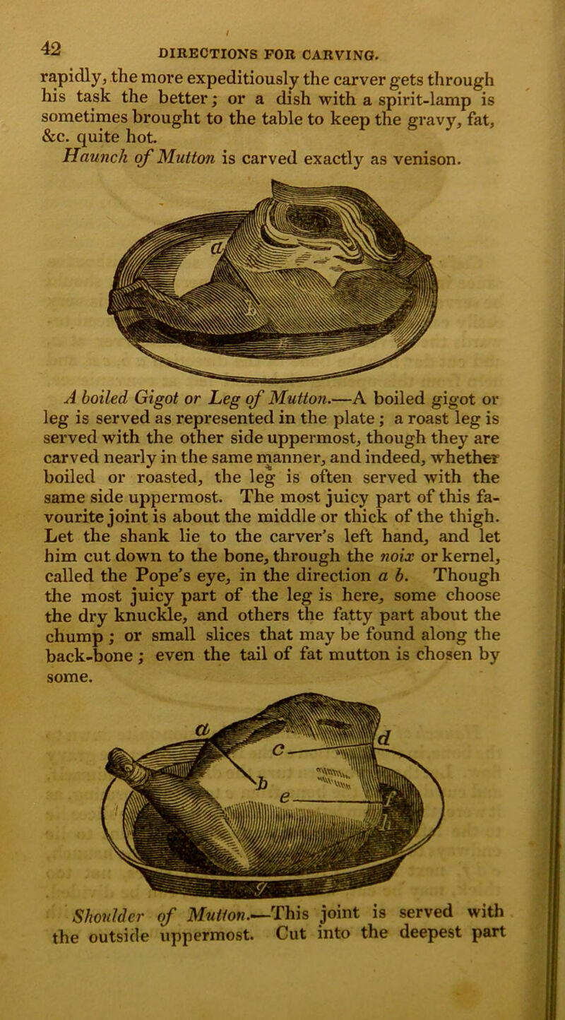 rapidly, the more expeditiously the carver gets through his task the better; or a dish with a spirit-lamp is sometimes brought to the table to keep the gravy, fat, &c. quite hot. Haunch of Mutton is carved exactly as venison. A boiled Gigot or Leg of Mutton.—A boiled gigot or leg is served as represented in the plate ; a roast leg is served with the other side uppermost, though they are carved nearly in the same manner, and indeed, whether boiled or roasted, the leg is often served with the same side uppermost. The most juicy part of this fa- vourite joint is about the middle or thick of the thigh. Let the shank lie to the carver’s left hand, and let him cut down to the bone, through the noix or kernel, called the Pope’s eye, in the direction a b. Though the most juicy part of the leg is here, some choose the dry knuckle, and others the fatty part about the chump ; or small slices that may be found along the back-bone ; even the tail of fat mutton is chosen by some. Shoulder of Mutton.—This joint is served with the outside uppermost. Cut into the deepest part