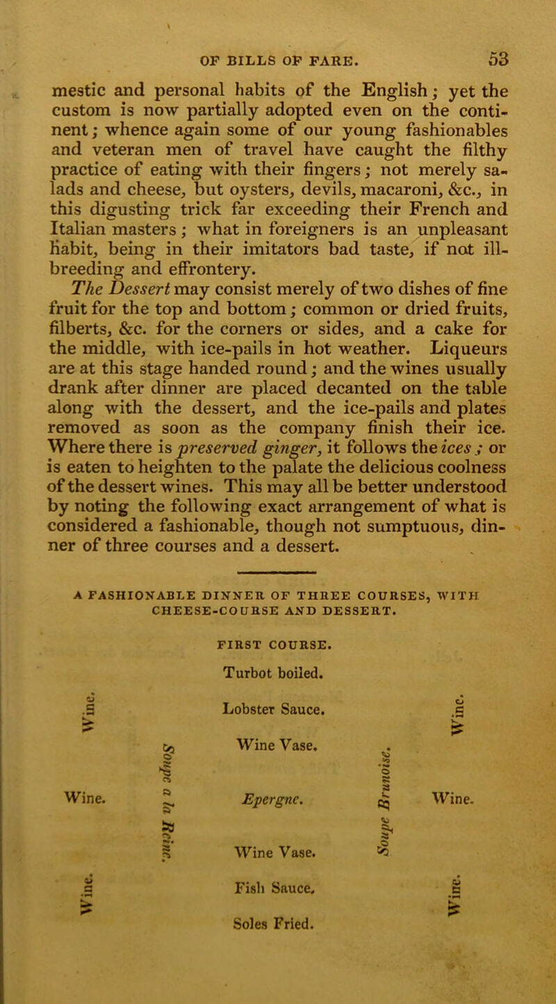 mestic and personal habits of the English; yet the custom is now partially adopted even on the conti- nent ; whence again some of our young fashionables and veteran men of travel have caught the filthy practice of eating with their fingers; not merely sa- lads and cheese, but oysters, devils, macaroni, &c., in this digusting trick far exceeding their French and Italian masters; what in foreigners is an unpleasant habit, being in their imitators bad taste, if not ill- breeding and effrontery. The Dessert may consist merely of two dishes of fine fruit for the top and bottom; common or dried fruits, filberts, &c. for the corners or sides, and a cake for the middle, with ice-pails in hot weather. Liqueurs are at this stage handed round; and the wines usually drank after dinner are placed decanted on the table along with the dessert, and the ice-pails and plates removed as soon as the company finish their ice. Where there is preserved ginger, it follows the icesor is eaten to heighten to the palate the delicious coolness of the dessert wines. This may all be better understood by noting the following exact arrangement of what is considered a fashionable, though not sumptuous, din- ner of three courses and a dessert. A FA SHI OX ABLE DIXXER OF THREE COURSES, WITH CHEESE-COURSE AXD DESSERT. FIRST COURSE. Turbot boiled. O G Lobster Sauce. O C Wine. g» Wine Vase. ‘o $ a S* Epergnc. s a? to >• Wine Vase. £ Wine. Fish Sauce. B Soles Fried.