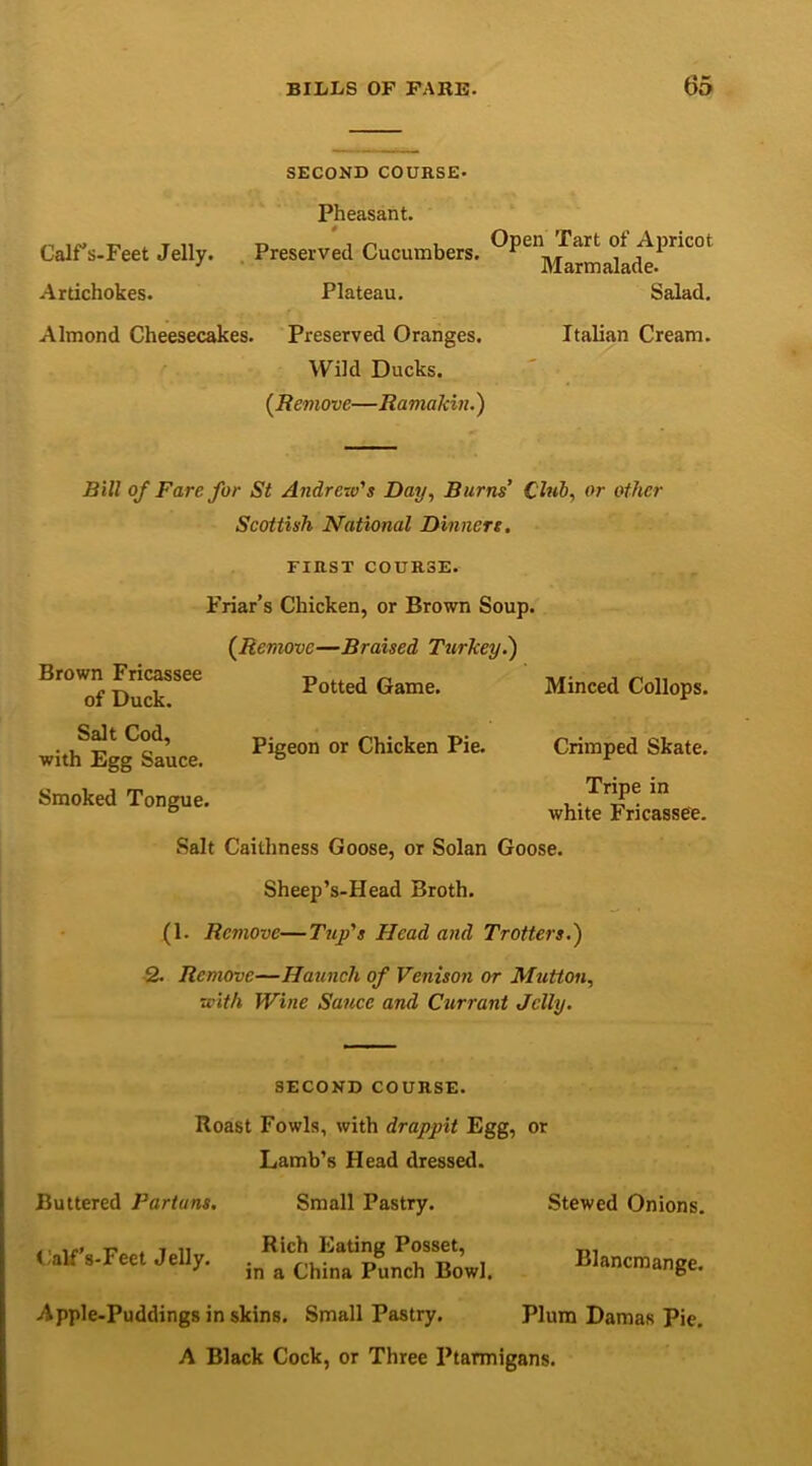 Calf’s-Feet Jelly. Artichokes. Almond Cheesecakes. SECOND COURSE. Pheasant. 0 Preserved Cucumbers. Plateau. Preserved Oranges. Wild Ducks. (Remove—Ramakin.) Open Tart of Apricot Marmalade. Salad. Italian Cream. Bill of Fare for St Andrew's Day, Burns’ C lub, or other Scottish National Dinners. FIRST COURSE. Friar’s Chicken, or Brown Soup. (Remove—Braised Turkey.') Potted Game. Minced Collops. Pigeon or Chicken Pie. Crimped Skate. Tripe in white Fricassee. Salt Caithness Goose, or Solan Goose. Sheep’s-Head Broth. (1. Remove—Tup's Head and Trotters.) 2. Remove—Haunch of Venison or Mutton, with Wine Sauce and Currant Jelly. Brown Fricassee of Duck. Salt Cod, with Egg Sauce. Smoked Tongue. SECOND COURSE. Roast Fowls, with drappit Egg, or Lamb’s Head dressed. Buttered Partuns. Small Pastry. Cdfr-Ket Jelly. . Eating Fosset, 1 m a China Punch Bowl. Apple-Puddings in skins. Small Pastry. Stewed Onions. Blancmange. Plum Damas Pie. A Black Cock, or Three Ptarmigans.