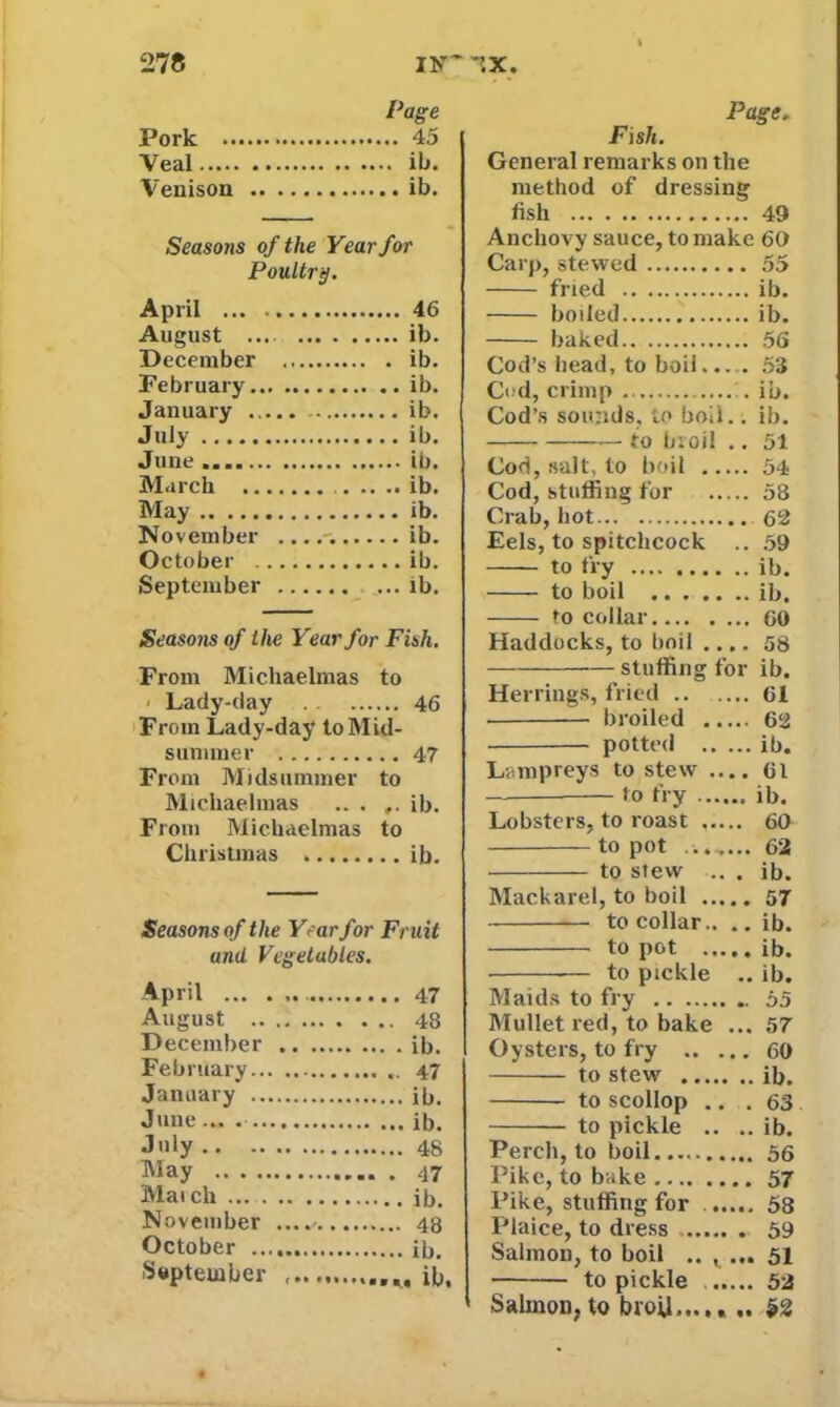 Page Pork 45 Veal ib. Venison ib. Seasons of the Year for Poultry. April August December February January July June March May November ....'. October September 46 ib. ib. ib. ib. ib. ib. ib. ib. ib. ib. ib. Seasons of the Year for Fish. From Michaelmas to - Lady-day 46 From Lady-day to Mid- summer 47 From Midsummer to Michaelmas .. . ,. ib. From Michaelmas to Christmas ib. Seasons of the Year for Fruit and Vegetables. April ... . August .. . December , February... January .... June... . ... 48 July May Mai ch November . October .... September «• • •*»*•*■*«« ib. Page. Fish. General remarks on the method of dressing fish 49 Anchovy sauce, to make 60 Carp, stewed 55 fried ib. boiled ib. baked 56 Cod’s head, to boil... . 53 C<d, crimp . ib. Cod’s sounds, to boil.. ib. — to bioil .. 51 Cod, salt, to boil 54 Cod, stuffing for 58 Crab, hot 62 Eels, to spitchcock .. 59 to fry ib. to boil ib. to collar 60 Haddocks, to boil .... 58 stuffing for ib. Herrings, fried 61 broiled 62 potted ib. Lampreys to stew .... 61 — to fry ib. Lobsters, to roast 60 to pot ........ 62 to stew .. . ib. Mackarel, to boil 57 to collar.. .. ib. to pot ib. to pickle .. ib. Maids to fry 55 Mullet red, to bake ... 57 Oysters, to fry 60 to stew ib. to scollop .. .63 to pickle .. .. ib. Perch, to boil.... 56 Pike, to bake 57 Pike, stuffing for 58 Plaice, to dress 59 Salmon, to boil .. ^ ... 51 to pickle 52 Salmon, to broil..... .. 52