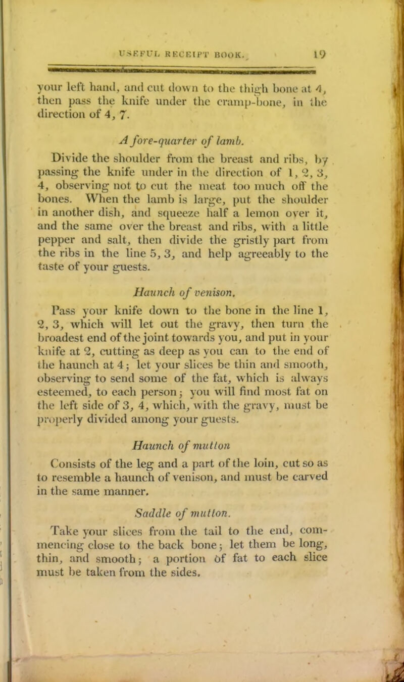 your left hand, and cut down to the thigh bone at 4, then pass the knife under the cramp-bone, in the direction of 4, 7. A fore-quarter of lamb. Divide the shoulder from the breast and ribs, by passing the knife under in the direction of 1, 2, 3, 4, observing not to cut the meat too much off the bones. When the lamb is large, put the shoulder in another dish, and squeeze half a lemon over it, and the same over the breast and ribs, with a little pepper and salt, then divide the gristly part from the ribs in the line 5, 3, and help agreeably to the taste of your guests. Haunch of venison. Pass your knife down to the bone in the line 1, ‘2, 3, which will let out the gravy, then turn the broadest end of the joint towards you, and put in your knife at 2, cutting as deep as you can to the end of the haunch at 4; let your slices be thin and smooth, observing to send some of the fat, which is always esteemed, to each person; you will find most fat on the left side of 3, 4, which, with the gravy, must be properly divided among your guests. Haunch of mutton Consists of the leg and a part of the loin, cut so as to resemble a haunch of venison, and must be carved in the same manner. Saddle of mutton. Take your slices from the tail to the end, com- mencing close to the back bone ; let them be long, thin, and smooth; a portion t>f fat to each slice must be taken from the sides.