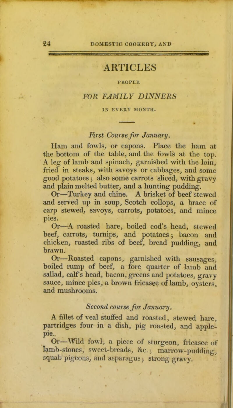 . ARTICLES PROPER FOR FAMILY DINNERS IN EVERY MONTH. First Course for January. Ham and fowls, or capons. Place the ham at the bottom of the table, and the fowls at the top. A leg of lamb and spinach, garnished with the loin, fried in steaks, with savoys or cabbages, and some good potatoes j also some carrots sliced, with gravy and plain melted butter, and a hunting pudding. Or—Turkey and chine. A brisket of beef stewed and served up in soup, Scotch collops, a brace of carp stewed, savoys, carrots, potatoes, and mince pies. Or—A roasted hare, boiled cod’s head, stewed beef, carrots, turnips, and potatoes; bacon and chicken, roasted ribs of beef, bread pudding, and brawn. Or—Roasted capons, garnished with sausages, boiled rump of beef, a fore quarter of lamb and sallad, calfs head, bacon, greens and potatoes, gravy sauce, mince pies, a brown fricasee of lamb, oysters, and mushrooms. Second course for January. A fillet of veal stuffed and roasted, stewed hare, partridges four in a dish, pig roasted, and apple- pie. Or—Wild fowl, a piece of sturgeon, fricasee of Iamb-stones, sweet-breads, ike.marrow-pudding, squab pigeons, and asparagus) strong gravy.