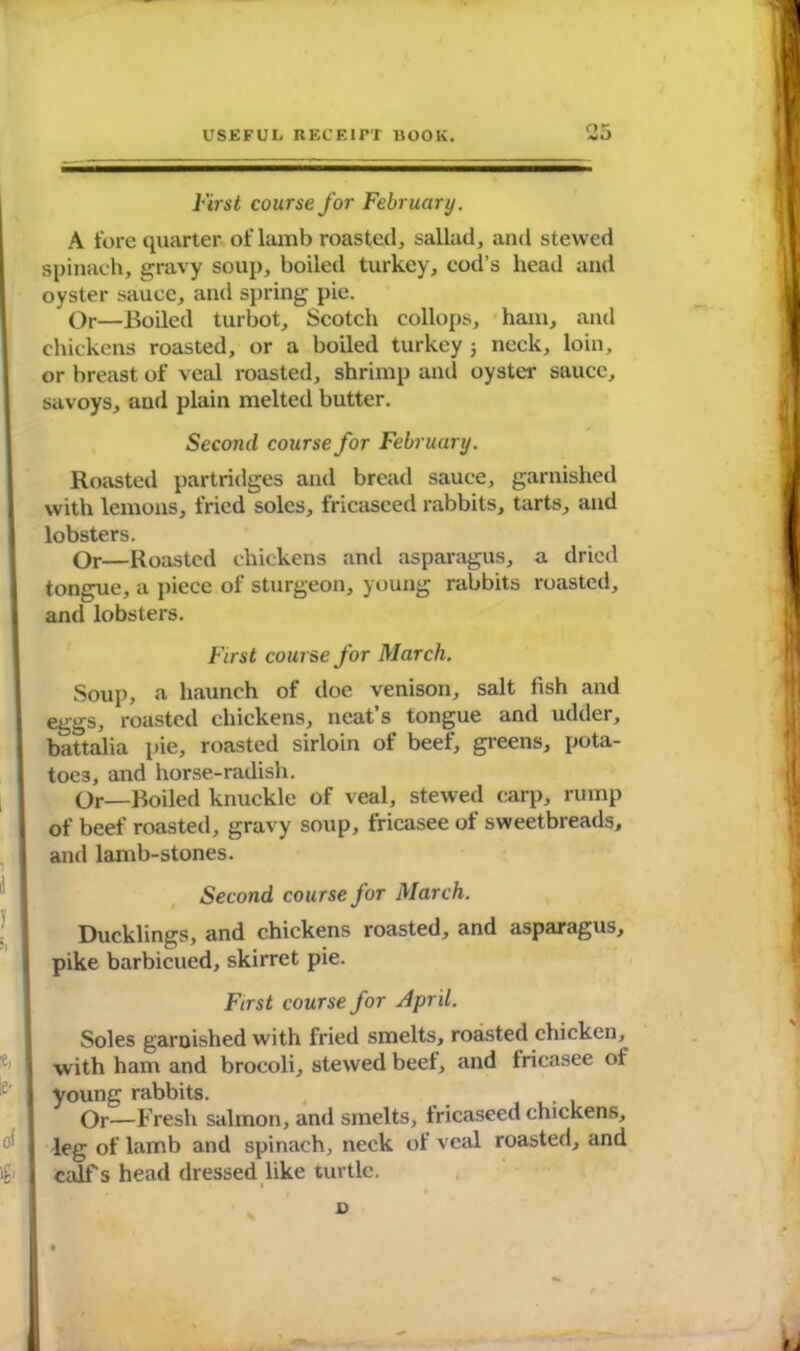 First course for February. A fore quarter- of lamb roasted, sallad, and stewed spinach, gravy soup, boiled turkey, cod’s head and oyster sauce, and spring pie. ' Or—Boiled turbot, Scotch collops, ham, and chickens roasted, or a boiled turkey 5 neck, loin, or breast of veal roasted, shrimp and oyster sauce, savoys, and plain melted butter. I Second course for February. Roasted partridges and bread sauce, garnished with lemons, fried soles, fricasced rabbits, tarts, and I lobsters. Or—Roasted chickens and asparagus, a dried I tongue, a piece of sturgeon, young rabbits roasted, I and lobsters. First course for March. Soup, a haunch of doe venison, salt fish and 1 eggs, roasted chickens, neat’s tongue and udder, battalia pie, roasted sirloin of beef, greens, pota- I toes, and horse-radish. Or—Boiled knuckle of veal, stewed carp, rump of beef roasted, gravy soup, fricasee of sweetbreads, 1 and lamb-stones. Second course for March. Ducklings, and chickens roasted, and asparagus, pike barbicued, skirret pie. First course for April. Soles garnished with fried smelts, roasted chicken, i with ham and brocoli, stewed beef, and fricasee of I young rabbits. Or—Fresh salmon, and smelts, tricaseed chickens, ^ I leg of lamb and spinach, neck of veal roasted, and %> I calf's head dressed like turtle. D