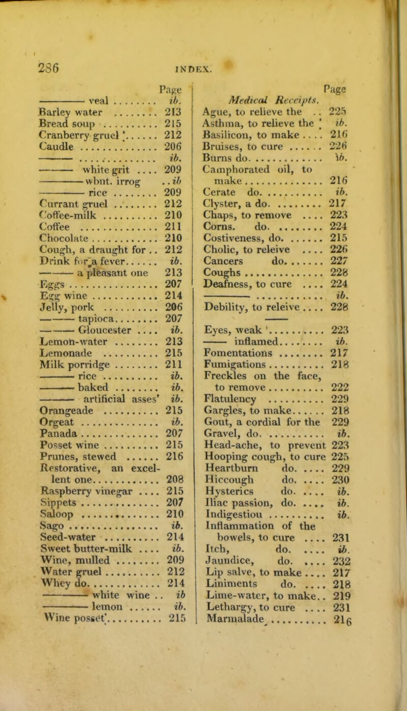 Page Barley water .. 213 Bread soup .. 215 Cranberry gruel ‘.. .. .. 212 Caudle .. 206 white grit .. .. 209 wbnt. irrog .. ib rice .. 209 Currant gruel .. 212 Coffee-milk .. 210 Coflee .. 211 Chocolate .. 210 Cough, a draught for .. 212 Drink fi.ha fever.. . . a pleasant one 213 Eggs .. 207 Egg wine .. 214 Jelly, pork .. 206 tapioca ... 207 Gloucester .. .. ib. Lemon-water ... 213 Lemonade .. 215 Milk porridge .. 211 ih artificial asses’ ib. Orangeade Orgeat Panada ... 207 Posset wine ... 215 Prunes, stewed .. ., ... 216 Restorative, an excel- lent one ... 208 Raspberry vinegar . ... 215 Sippets Saloop ... 210 Sago Seed-water ... 214 Sweet butter-milk . ... ib. Wine, mulled ... 209 Water gruel ... 212 Whey ifo ... 214 white wine .. ib lemon ... W ine posset' ... 215 Page Medical Receipts. Ague, to relieve the .. 225 Asthma, to relieve the ib. Basilicon, to make .... 216 Bruises, to cure 226 Burns do 16. Camphorated oil, to make 216 Cerate do. ... ib. Clyster, a do 217 Chaps, to remove .... 223 Corns. do 224 Costiveness, do 215 Cholic, to releive .... 226 Cancers do 227 Coughs 228 Deafhess, to cure .... 224 ib. Debility, to releive .... 228 Eyes, weak 1 223 inflamed ib. Fomentations 217 Fumigations 218 Freckles on the face, to remove 222 Flatulency 229 Gargles, to make 218 Gout, a cordial for the 229 Gravel, do ib. Head-ache, to prevent 223 Hooping cough, to cure 225 Heartburn do 229 Hiccough do 230 Hysterics do ib. Iliac passion, do ib. Indigestiou ib. Inflammation of the bowels, to cure .... 231 Itch, do ib. Jaundice, do 232 Lip salve, to make 217 Liniments do 218 Lime-water, to make.. 219 Lethargy, to cure .... 231 Marmalade^ 216