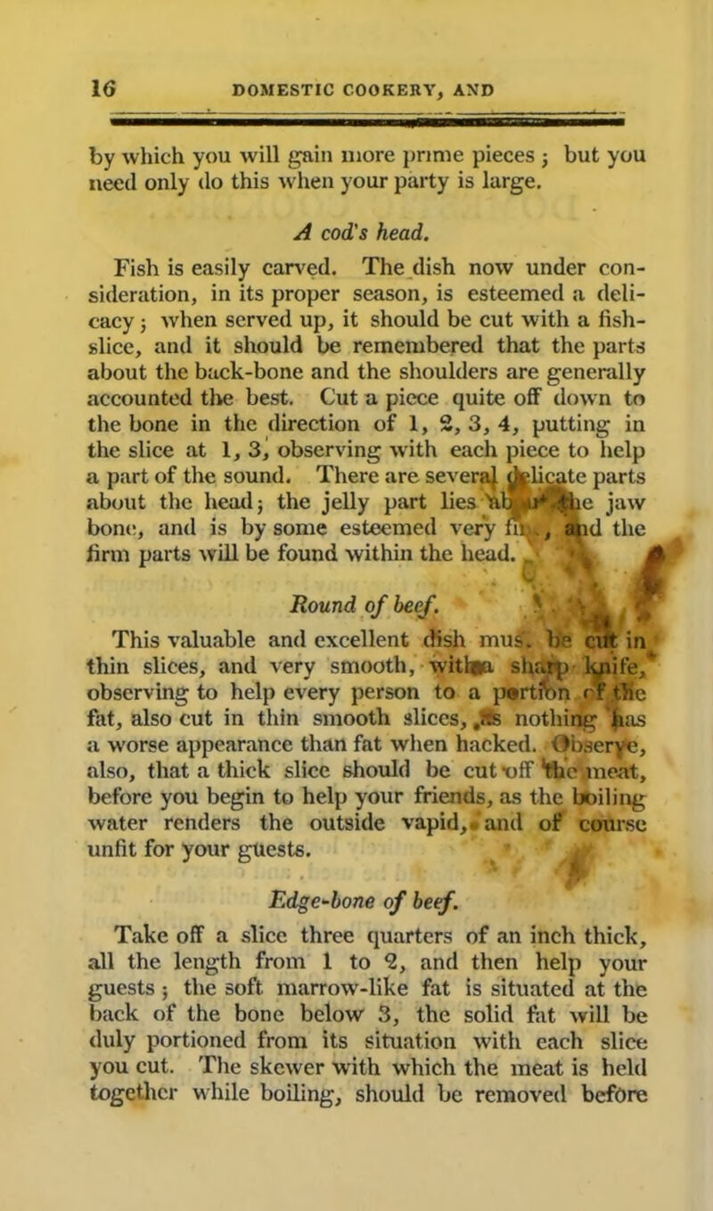 by which you will gain more prime pieces ; but you need only do this when your party is large. A cod's head. e jaw d the Fish is easily carved. The dish now under con- sideration, in its proper season, is esteemed a deli- cacy ; when served up, it should be cut with a fish- slice, and it should be remembered that the parts about the back-bone and the shoulders are generally accounted the best. Cut a piece quite off down to the bone in the direction of 1, 2, 3, 4, putting in the slice at 1, 3j observing with each piece to help a part of the sound. There are severaj plicate parts about the head; the jelly part lies a bone, and is by some esteemed very ti! firm parts will be found within the head, Round of beef. \ ^ This valuable and excellent dish mus. be cut in thin slices, and very smooth, witiwa sharp kpife,' observing to help every person to a portion rt the fat, also cut in thin smooth slices, .Xs nothing fans a worse appearance than fat when hacked. Obserye, also, that a thick slice should be cut tiff ‘the .meat, before you begin to help your friends, as the boiling water renders the outside vapid, and of course unfit for your guests. Edge-bone of beef. Take off a slice three quarters of an inch thick, all the length from 1 to 2, and then help your guests ; the soft marrow-like fat is situated at the back of the bone below 3, the solid fat will be duly portioned from its situation with each slice you cut. The skewer with which the meat is held together while boiling, should be removed before