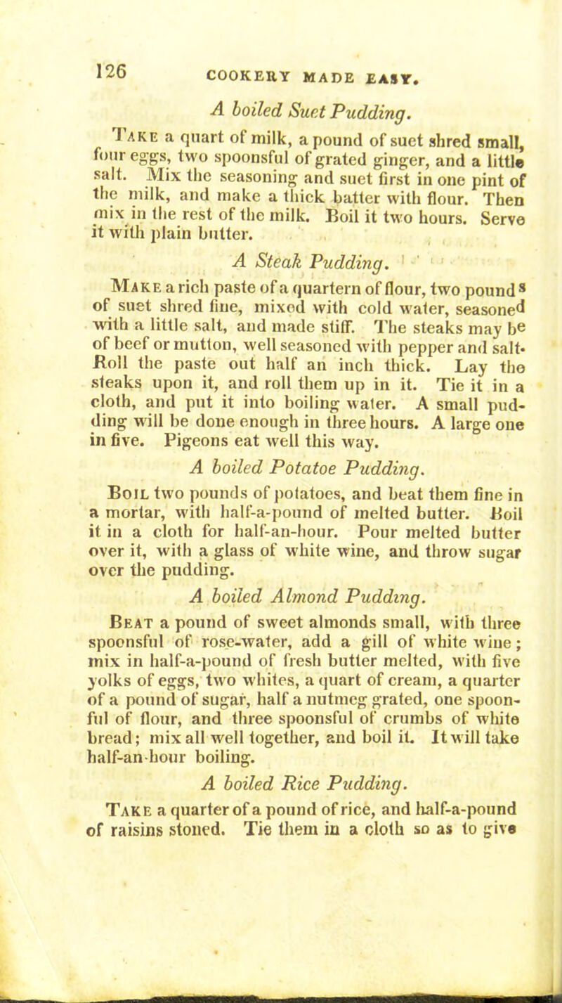 A boiled Suet Pudding. Take a quart of milk, a pound of suet shred small, four eggs, two spoonsful of grated ginger, and a little salt. Mix the seasoning and suet first in one pint of the milk, and make a thiek batter with flour. Then mix in the rest of the milk. Boil it two hours. Serve it witli j)lain butter. A Steak Pudding. ' ' ‘ Make a rich paste of a quartern of flour, two pound * of suet shred fine, mixed with cold water, seasoned with a little salt, and made stiff. The steaks may be of beef or mutton, well seasoned with pepper and salt* Boll the paste out half an inch thick. Lay the steaks upon it, and roll them up in it. Tie it in a cloth, and put it into boiling water. A small pud- ding w ill be done enough in three hours. A large one in five. Pigeons eat well this way. A boiled Potatoe Pudding. Boil tw'o pounds of potatoes, and beat them fine in a mortar, w'ith half-a-pound of melted butter. Boil it in a cloth for half-an-hour. Pour melted butter over it, with a glass of white wine, and throw sugar over tlie pudding. A boiled Almond Pudding. Beat a pound of sweet almonds small, with three spoonsful of rose-water, add a gill of white w ine; mix in half-a-pound of fresh butter melted, with five yolks of eggs, tw'o whiles, a quart of cream, a quarter of a pound of sugar, half a nutmeg grated, one spoon- ful of flour, and three spoonsful of crumbs of white bread; mix all well together, and boil it. It will take half-an hour boiling. A boiled Rice Pudding. Take a quarter of a pound of rice, and Iialf-a-pound of raisins stoned. Tie them in a cloth so as to give