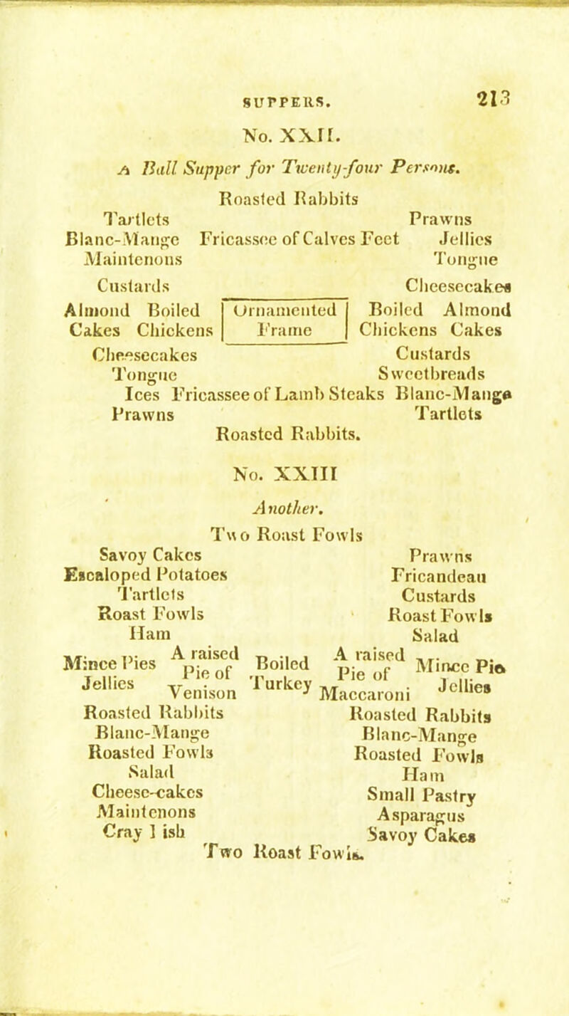 No. xxrr. A Ball Supper for Twenty four Persouf. Roasted Rabbits I’articts Blanc-Maii*?c Maiiitcnoiis Custards Aiiiioiid Boiled Cakes Chickens Cheesecakes Toiiffiie Prawns Fricassee of Calves Feet Jellies Tonjjne Cheesecakes Roiled Almond Chickens Cakes Custards Sweetbreads Urnainented Frame Ices Fricassee of Lamb Steaks Blanc-jVIang« Prawns Tartlets Roasted Rabbits. No. XXIII Tuo Savoy Cakes Escaloped Potatoes 'I'artlcls Roast Fowls Ham A raised Pie of Venison Roasted Rabbits Blanc-iMange Roasted P’owls Salad Cheese-<;akcs Maintenons Cray I ish Two M ince Pies Jellies A nother. Roast Fowls Prawns Fricandeau Custards ‘ Roast P’0w Is Salad Boiled Mince Pi* ’i'urltey Jellies Roasted Rabbits Rlanc-Mange Roasted Fowls Ha m Small Pastry Asparagus Savoy Cakes Roast Fowls.