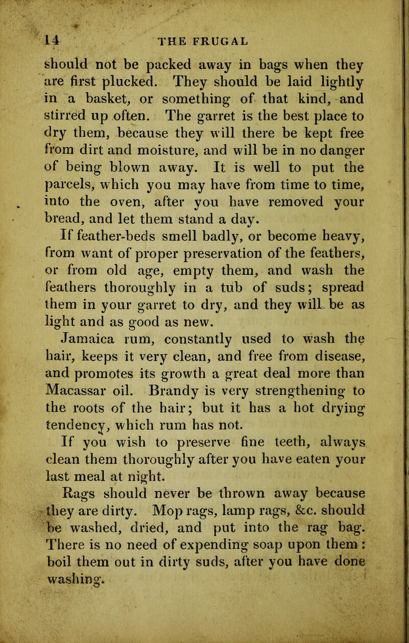 should not be packed away in bags when they are first plucked. They should be laid lightly in a basket, or something of that kind, and stirred up often. The garret is the best place to dry them, because they will there be kept free from dirt and moisture, and will be in no danger of being blown away. It is well to put the parcels, which you may have from time to time, into the oven, after you have removed your bread, and let them stand a day. If feather-beds smell badly, or become heavy, from want of proper preservation of the feathers, or from old age, empty them, and wash the feathers thoroughly in a tub of suds; spread them in your garret to dry, and they will be as light and as good as new. Jamaica rum, constantly used to wash the hair, keeps it very clean, and free from disease, and promotes its growth a great deal more than Macassar oil. Brandy is very strengthening to the roots of the hair; but it has a hot drying tendency, which rum has not. If you wish to preserve fine teeth, always clean them thoroughly after you have eaten your last meal at night. Bags should never be thrown away because they are dirty. Mop rags, lamp rags, &c. should be washed, dried, and put into the rag bag. There is no need of expending soap upon them : boil them out in dirty suds, after you have done washing.