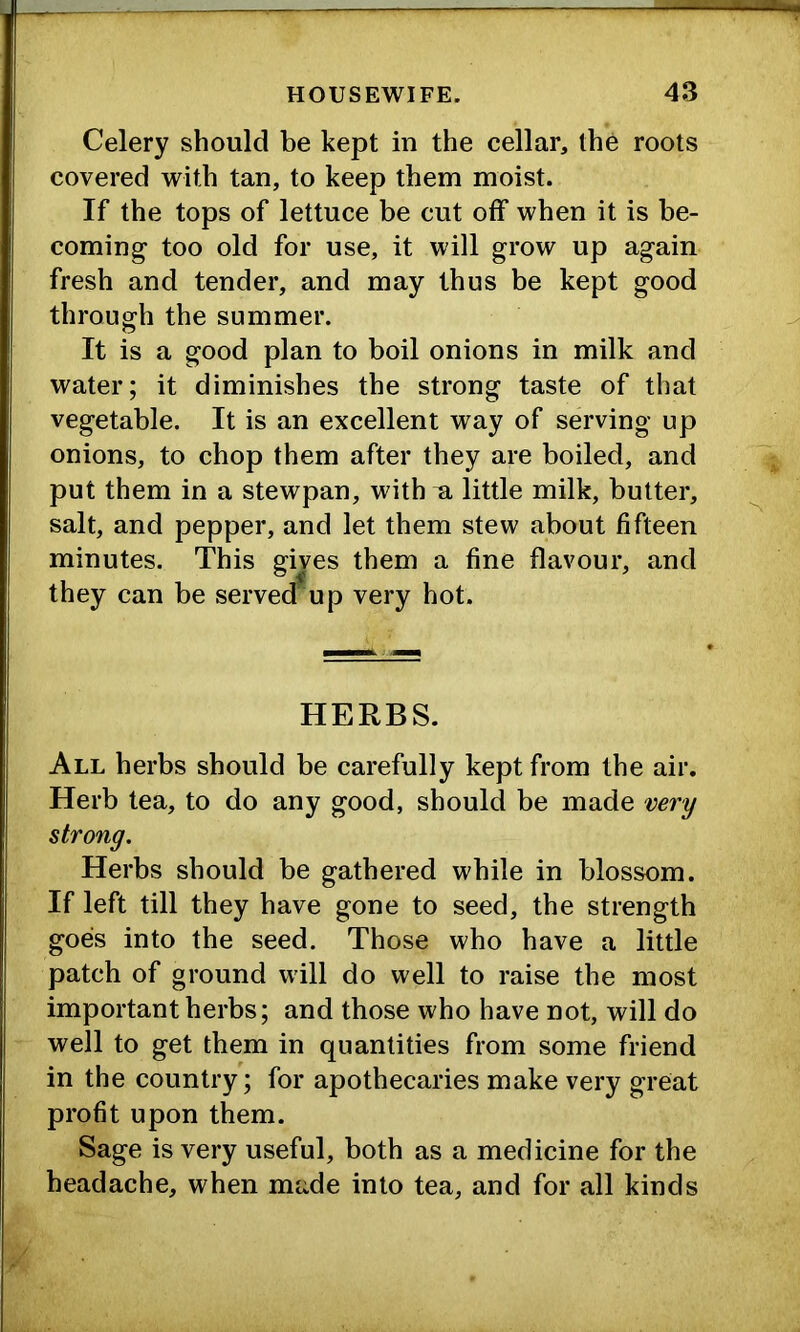 Celery should be kept in the cellar, the roots covered with tan, to keep them moist. If the tops of lettuce be cut off when it is be- coming- too old for use, it will grow up again fresh and tender, and may thus be kept good through the summer. It is a good plan to boil onions in milk and water; it diminishes the strong taste of that vegetable. It is an excellent way of serving up onions, to chop them after they are boiled, and put them in a stewpan, with ^ little milk, butter, salt, and pepper, and let them stew about fifteen minutes. This gives them a fine flavour, and they can be served^up very hot. HERBS. All herbs should be carefully kept from the air. Herb tea, to do any good, should be made very strong. Herbs should be gathered while in blossom. If left till they have gone to seed, the strength goes into the seed. Those who have a little patch of ground will do well to raise the most important herbs; and those who have not, will do well to get them in quantities from some friend in the country; for apothecaries make very great profit upon them. Sage is very useful, both as a medicine for the headache, when made into tea, and for all kinds