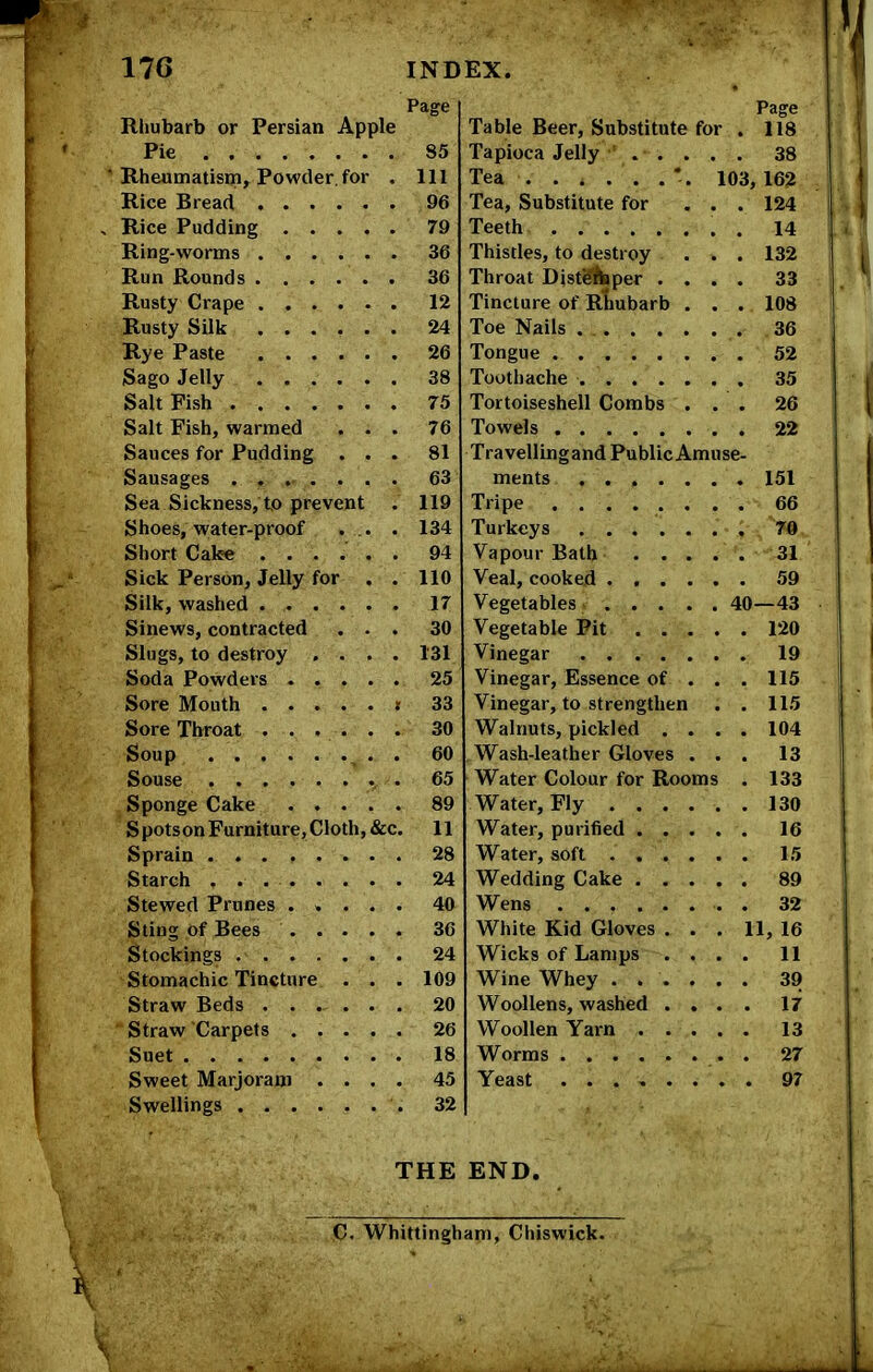 Page Rliubarb or Persian Apple Pie 85 Rheumatism^ Powder,for . Ill Rice Bread 96 Rice Pudding 79 Ring-worms 36 Run Rounds 36 Rusty Crape 12 Rusty Silk 24 Rye Paste 26 Sago Jelly 38 Salt Fish 75 Salt Fish, warmed ... 76 Sauces for Pudding ... 81 Sausages ....... 63 Sea Sickness, to prevent . 119 Shoes, water-proof . .. . 134 Short Cake ...... 94 Sick Person, Jelly for . . 110 Silk, washed 17 Sinews, contracted ... 30 Slugs, to destroy .... 131 Soda Powders 25 Sore Mouth » 33 Sore Throat ...... 30 Soup . 60 Souse . 65 Sponge Cake ..... 89 SpotsonFurniture,Cloth,&c. 11 Sprain 28 Starch 24 Stewed Prunes ..... 40 Sting of Bees 36 Stockings 24 Stomachic Tincture . . . 109 Straw Beds ...... 20 ' Straw Carpets 26 Suet 18 Sweet Marjoram .... 45 Swellings 32 Page Table Beer, Substitute for . 118 Tapioca Jelly ..... 38 Tea ..... .*. 103,162 Tea, Substitute for ... 124 Teeth . 14 Thistles, to destroy . . . 132 Throat Djstgfhper .... 33 Tincture of Rliubarb . . . 108 Toe Nails 36 Tongue 52 Toothache 35 Tortoiseshell Combs ... 26 Towels 22 Travellingand Public Amuse- ments ....... 151 Tripe ........ 66 Turkeys 70 Vapour Bath 31 Veal, cooked 59 Vegetables 40—43 Vegetable Pit 120 Vinegar 19 Vinegar, Essence of . . . 115 Vinegar, to strengthen . . 115 Walnuts, pickled .... 104 , Wash-leather Gloves ... 13 Water Colour for Rooms . 133 Water, Fly 130 Water, purified 16 Water, soft 15 Wedding Cake 89 Wens . 32 White Kid Gloves . . . 11, 16 Wicks of Lamps .... 11 Wine Whey ...... 39 Woollens, washed .... 17 Woollen Yarn 13 Worms . 27 Yeast ........ 97 THE END. C. Whittingham, Chiswick.