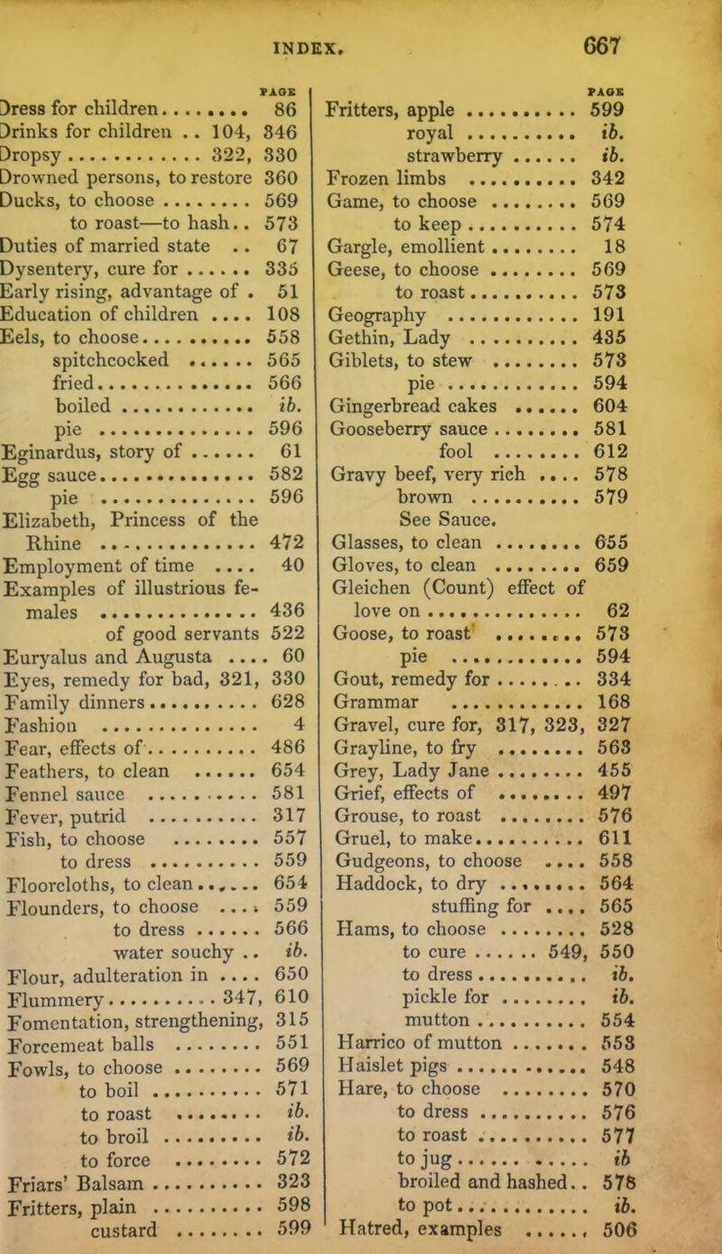 PAGE Dress for children 86 Drinks for children .. 104, 846 Dropsy 822, 330 Drowned persons, to restore 360 Ducks, to choose 569 to roast—to hash.. 573 Duties of married state .. 67 Dysentery, cure for 335 Early rising, advantage of . 51 Education of children .... 108 Eels, to choose 558 spitchcocked ...... 565 fried 566 boiled ib. pie 596 Eginardus, story of 61 Egg sauce 582 pie 596 Elizabeth, Princess of the Rhine 472 Employment of time .... 40 Examples of illustrious fe- males 436 of good servants 522 Euryalus and Augusta .... 60 Eyes, remedy for bad, 321, 330 Family dinners 628 Fashion 4 Fear, effects of 486 Feathers, to clean 654 Fennel sauce 581 Fever, putrid 317 Fish, to choose 557 to dress 559 Floorcloths, to clean ...... 654 Flounders, to choose ...» 559 to dress 566 water souchy .. ib. Flour, adulteration in .... 650 Flummery 347, 610 Fomentation, strengthening, 315 Forcemeat balls 551 Fowls, to choose 569 to boil 571 to roast ib. to broil ib. to force 572 Friars’ Balsam 323 Fritters, plain 598 custard 599 PAGE Fritters, apple 599 royal ib. strawberry ib. Frozen limbs 342 Game, to choose 569 to keep 574 Gargle, emollient 18 Geese, to choose 569 to roast 573 Geography 191 Gethin, Lady 435 Giblets, to stew 573 pie 594 Gingerbread cakes 604 Gooseberry sauce 581 fool 612 Gravy beef, very rich .... 578 brown 579 See Sauce. Glasses, to clean 655 Gloves, to clean 659 Gleichen (Count) effect of love on 62 Goose, to roast' 573 pie 594 Gout, remedy for 334 Grammar 168 Gravel, cure for, 317, 323, 327 Gray line, to fry 568 Grey, Lady Jane 455 Grief, effects of 497 Grouse, to roast 576 Gruel, to make 611 Gudgeons, to choose .... 558 Haddock, to dry 564 stuffing for .... 565 Hams, to choose 528 to cure 549, 550 to dress ib. pickle for ib. mutton 554 Harrico of mutton 553 Haislet pigs 548 Hare, to choose 570 to dress 576 to roast 577 to jug ib broiled and hashed.. 578 to pot ib. Hatred, examples 506