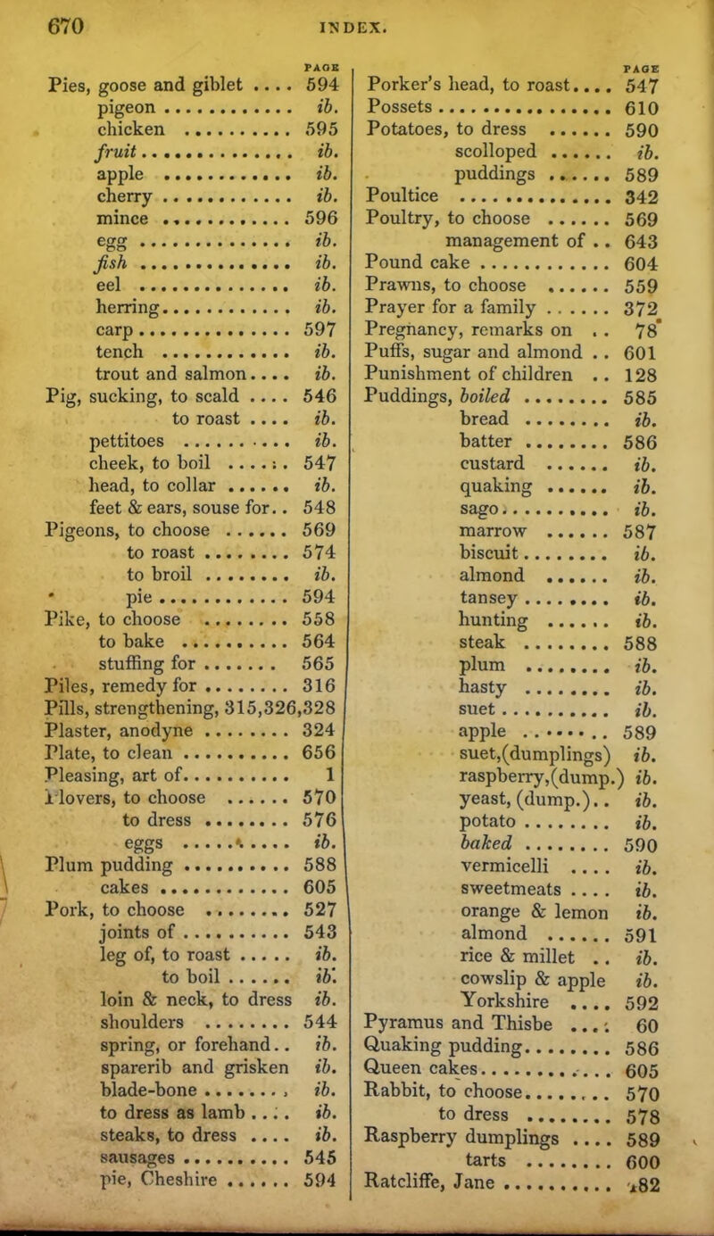 Pies, goose and giblet .... pigeon chicken fruit apple cherry mince egg fish eel herring carp tench trout and salmon.... Pig, sucking, to scald .... to roast .... pettitoes cheek, to boil ....:. head, to collar feet & ears, souse for.. Pigeons, to choose to roast to broil * pie Pike, to choose to bake stuffing for Piles, remedy for Pills, strengthening, 315,326 Plaster, anodyne Plate, to clean Pleasing, art of i lovers, to choose to dress eggs * Plum pudding cakes Pork, to choose joints of leg of, to roast to boil loin & neck, to dress shoulders spring, or forehand.. sparerib and grisken blade-bone to dress as lamb .... steaks, to dress .... sausages pie, Cheshire PAGE Porker’s head, to roast.... 547 Possets 610 Potatoes, to dress 590 scolloped ib. puddings ...... 589 Poultice 342 Poultry, to choose 569 management of .. 643 Pound cake 604 Prawns, to choose 559 Prayer for a family 372 Pregnancy, remarks on . . 78* Puffs, sugar and almond . . 601 Punishment of children .. 128 Puddings, boiled 585 bread ib. batter 586 custard ib. quaking ib. sago ib. marrow 587 biscuit ib. almond ib. tansey ib. hunting ib. steak 588 plum ib. hasty ib. suet ib. apple ........ 589 suet,(dumplings) ib. raspberry,(dump.) ib. yeast, (dump.).. ib. potato ib. baked 590 vermicelli ib. sweetmeats .... ib. orange & lemon ib. almond 591 rice & millet .. ib. cowslip & apple ib. Yorkshire .... 592 Pyramus and Thisbe .... 60 Quaking pudding 586 Queen cakes 605 Rabbit, to choose 570 to dress 578 Raspberry dumplings 589 tarts 600 Ratcliffe, Jane -*82 PAGE 594 ib. 595 ib. ib. ib. 596 ib. ib. ib. ib. 597 ib. ib. 546 ib. ib. 547 ib. 548 569 574 ib. 594 558 564 565 316 :,328 324 656 1 570 576 ib. 588 605 527 543 ib. ib: ib. 544 ib. ib. ib. ib. ib. 545 594