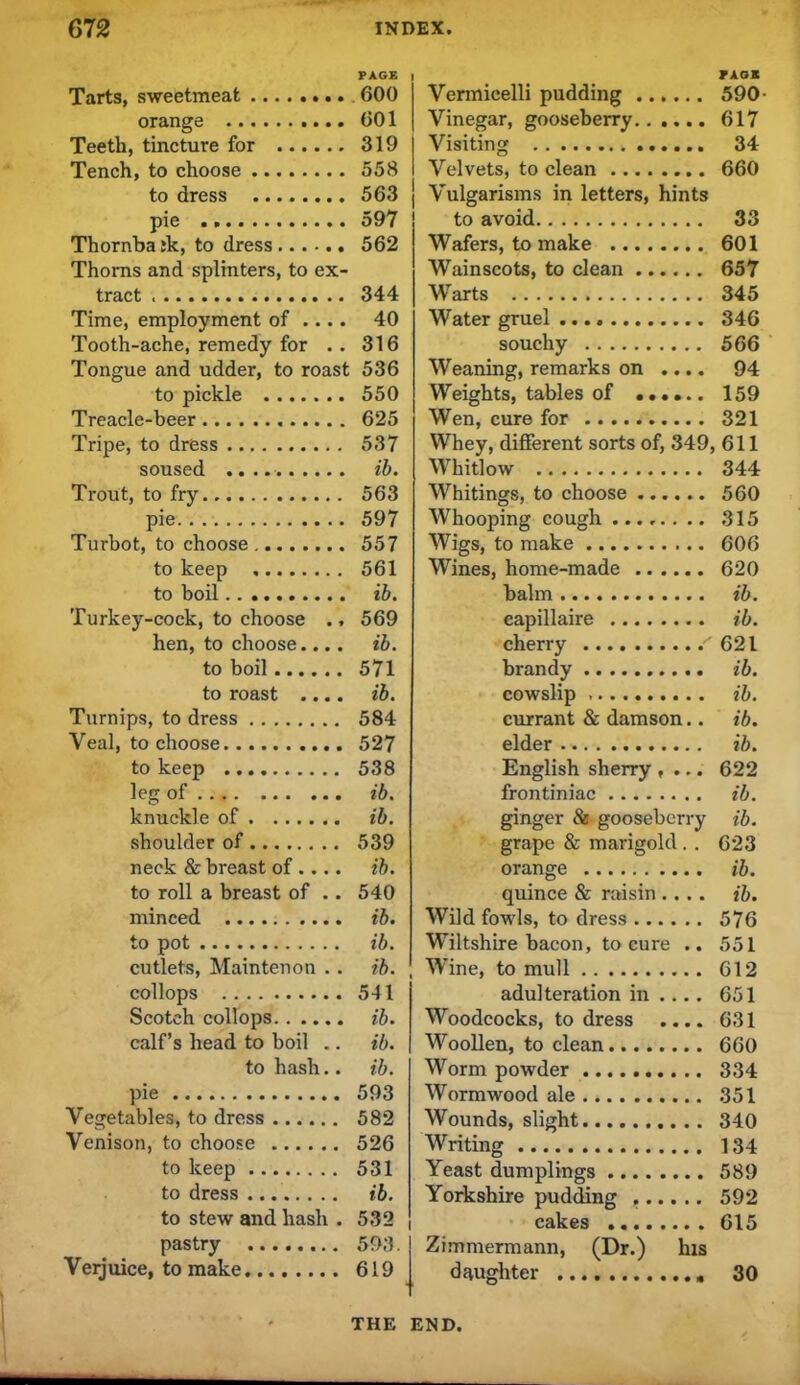 Tarts, sweetmeat orange Teeth, tincture for Tench, to choose to dress J)10 •••••••• Thornba ik, to dress Thorns and splinters, to ex- tract Time, employment of .... Tooth-ache, remedy for . . Tongue and udder, to roast to pickle Treacle-beer Tripe, to dress soused Trout, to fry pie Turbot, to choose to keep to boil Turkey-cock, to choose ., hen, to choose.... to boil to roast .... Turnips, to dress Veal, to choose to keep leg of knuckle of shoulder of neck & breast of .... to roll a breast of .. minced to pot cutlets, Maintenon .. collops Scotch collops calf’s head to boil .. to hash.. pie Vegetables, to dress Venison, to choose to keep to dress to stew and hash . pastry Verjuice, to make TAOK Vermicelli pudding 590- Vinegar, gooseberry 617 Visiting 34 Velvets, to clean 660 j Vulgarisms in letters, hints to avoid 33 Wafers, to make 601 Wainscots, to clean 657 Warts 345 Water gruel 346 souchy 566 Weaning, remarks on .... 94 Weights, tables of 159 Wen, cure for 321 Whey, different sorts of, 349, 611 Whitlow 344 Whitings, to choose 560 Whooping cough 315 Wigs, to make 606 Wines, home-made 620 balm ib. capillaire ib. cherry .''621 brandy ib. cowslip ib. currant & damson.. ib. elder ib. English sherry , ... 622 frontiniac ib. ginger & gooseberry ib. grape & marigold . . 623 orange ib. quince & raisin .... ib. Wild fowls, to dress 576 Wiltshire bacon, to cure .. 551 Wine, to mull 612 adulteration in ... . 651 Woodcocks, to dress .... 631 Woollen, to clean 660 Worm powder 334 Wormwood ale 351 Wounds, slight 340 Writing 134 Yeast dumplings 589 Yorkshire pudding 592 cakes 615 Zimmermann, (Dr.) Ins daughter 30 PAGE 600 601 319 558 563 597 562 344 40 316 536 550 625 537 ib. 563 597 557 561 ib. 569 ib. 571 ib. 584 527 538 ib. ib. 539 ib. 540 ib. ib. ib. 541 ib. ib. ib. 593 582 526 531 ib. 532 593. 619 THE END.