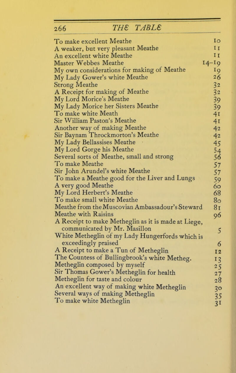 To make excellent Meathe Io A weaker, but very pleasant Meathe 11 An excellent white Meathe 11 Master Webbes Meathe 14—19 My own considerations for making of Meathe 19 My Lady Gower’s white Meathe 26 Strong Meathe 3 2 A Receipt for making of Meathe 32 My Lord Morice’s Meathe 39 My Lady Morice her Sisters Meathe 39 To make white Meath 41 Sir William Paston’s Meathe 41 Another way of making Meathe 42 Sir Baynam Throckmorton’s Meathe 42 My Lady Bellassises Meathe 45 My Lord Gorge his Meathe 54 Several sorts of Meathe, small and strong 56 To make Meathe 57 Sir John Arundel’s white Meathe 57 To make a Meathe good for the Liver and Lungs 59 A very good Meathe 60 My Lord Herbert’s Meathe 68 To make small white Meathe 80 Meathe from the Muscovian Ambassadour’s Steward 81 Meathe with Raisins 96 A Receipt to make Metheglin as it is made at Liege, communicated by Mr. Masillon 5 White Metheglin of my Lady Hungerfords which is exceedingly praised 6 A Receipt to make a Tun of Metheglin 12 The Countess of Bullingbrook’s white Metheg. 13 Metheglin composed by myself 25 Sir Thomas Gower’s Metheglin for health 27 Metheglin for taste and colour 28 An excellent way of making white Metheglin 30 Several ways of making Metheglin 35 To make white Metheglin 31