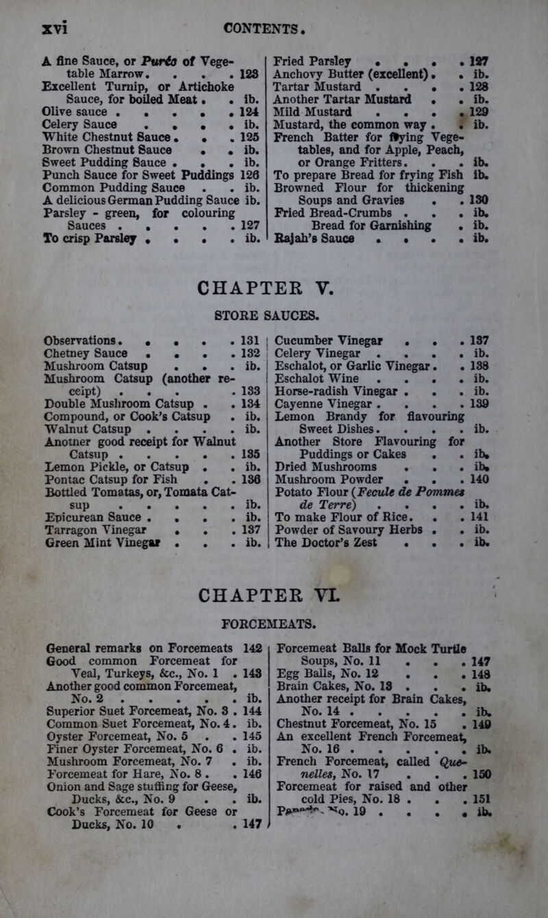A fine Sauce, or Purio of Vege- Fried Parsley • . . 127 table Marrow. . . 128 Anchovy Butter (excellent). • ib. Excellent Turnip, or Artichoke Tartar Mustard . . • 128 Sauce, for boiled Meat. . ib. Another Tartar Mustard . ib. Olive sauce .... . 124 Mild Mustard . . . 129 Celery Sauce . • • . ib. Mustard, the common way . . ib. White Chestnut Sauce . • . 125 French Batter for flying Vege- Brown Chestnut Sauce • . ib. tables, and for Apple, Peach, Sweet Pudding Sauce . . . ib. or Orange Fritters. . ib. Punch Sauce for Sweet Puddings 126 To prepare Bread for frying Fish ib. Common Pudding Sauce . ib. Browned Flour for thickening A delicious German Pudding Sauce ib. Soups and Gravies . # 130 Parsley - green, for colouring Fried Bread-Crumbs . ib. Sauces .... . 127 Bread for Garnishing ib. To crisp Parsley . . . . ib. Rajah’s Sauce • • . • ib. CHAPTER V. STORE SAUCES. Observations. • • . . 131 ; Cucumber Vinegar . • 187 Chetney Sauce ... . 132 Celery Vinegar . . . • ib. Mushroom Catsup . ib. | Eschalot, or Garlic Vinegar. • 138 Mushroom Catsup (another re- Eschalot Wine • ib. ceipt) . . 183 Horse-radish Vinegar . . ib. Double Mushroom Catsup . . 134 Cayenne Vinegar . 139 Compound, or Cook’s Catsup . ib. Lemon Brandy for flavouring Walnut Catsup . . ib. Sweet Dishes. • ib. Anotner good receipt for Walnut Another Store Flavouring for Catsup .... . 185 Puddings or Cakes • ib. Lemon Pickle, or Catsup . . ib. Dried Mushrooms • ib. Pontac Catsup for Fish . . 136 Mushroom Powder . . 140 Bottled Tomatas, or, Tomata Cat- Potato Flour (Fecule de Pomines sup .... . ib. de Terre) . . . . ib. Epicurean Sauce . . . . ib. To make Flour of Rice. . 141 Tarragon Vinegar . . . 137 Powder of Savoury Herbs . . ib. Green Mint Vinegar . . ib. The Doctor’s Zest . • ib. CHAPTER VL FORCEMEATS. General remarks on Forcemeats 142 Good common Forcemeat for Veal, Turkeys, &c., No. 1 . 148 Another good common Forcemeat, No. 2 ib. Superior Suet Forcemeat, No. 8 . 144 Common Suet Forcemeat, No. 4. ib. Oyster Forcemeat, No. 5 . .145 Finer Oyster Forcemeat, No. 6 . ib. Mushroom Forcemeat, No. 7 . ib. Forcemeat for Hare, No. 8 . .146 Onion and Sage stuffing for Geese, Ducks, &c., No. 9 . . ib. Cook’s Forcemeat for Geese or Ducks, No. 10 . . 147 Forcemeat Balls for Mock Turtle Soups, No. 11 . . .147 Egg Balls, No. 12 148 Brain Cakes, No. 18 . . . ib. Another receipt for Brain Cakes, No. 14 ib. Chestnut Forcemeat, No. 15 . 149 An excellent French Forcemeat, No. 16 ib. French Forcemeat, called Que- nelles, No. 17 ... 150 Forcemeat for raised and other cold Pies, No. 18 . . . 151 p***-*-. vQ. iQ . . . , ib.