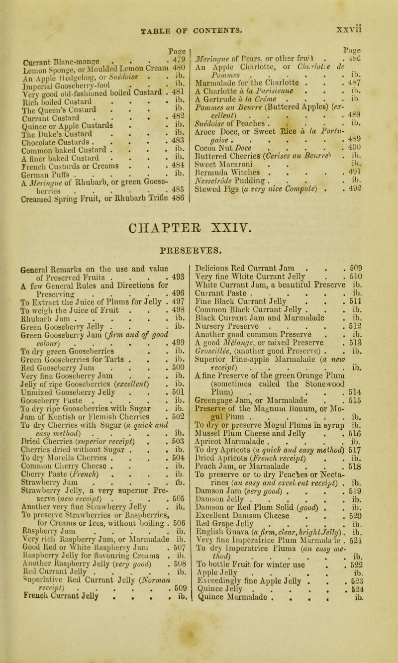 Paje Currant Blanc-mange • • • Lemon Sponge, or Moulded Lemon Cream An Apple Hedgehog, or Suitioise . Imperial Gooseberry-fool . • • Very good old-fashioned boiled Custard . Rich boiled Custard • • • • The Queen's Cnstard Cun-ant Custard Quince or Apple Custards The Duke’s Custard .... Chocolate Custards Common baked Custard .... A finer baked Custard .... French Custards or Creams German Puffs A Meringue of Rhubarb, or green Goose- berries . - • • • . ■ Creamed Spring Fruit, or Rhubarb Trifle 479 480 ib. ib. 481 ib. ib. 482 ib. ib. 483 ib. ib. 484 ib. 485 486 Page Meringue of Pears, or other fruri . . -1 bC Au Apple Charlotte, or Churiohe de Pommes ...... ib. Marmalade for the Charlotte . . . 4^7 A Charlotte a la Parisimne . . . ib. A Gertrude it In Crime . . . . ib Pommes au Beurre (Buttered Apples) {ex- cellent) ...... -188 Suedoise of Peaches ..... ib. Aroce Doce, or Sweet Pace ii la Portu- gese 489 Cocoa Nut Doce 490 Buttered Cherries (Cerises au Beurre^ . ib. Sweet Macaroni . . ib. Bermuda Witches 491 Nesselrode Pudding ... . ib. Stewed Figs (a very nice Compote) . . 492 CHAPTER XXIV. PRESERVES. General Remarks on the use and value of Preserved Fruits .... 493 A few General Rules and Directions for Preserving 496 To Extract the Juice of Plums for Jelly . 497 To weigh the Juice of Fruit . . .498 Rhubarb Jam ib. Green Gooseberry Jelly . . . ib. Green Gooseberry Jam {firm and of good colour) 499 To dry green Gooseberries . . ib. Green Gooseberries for Tarts . . . ib. Red Gooseberry Jam .... 500 Very fine Gooseberry Jam . . . ib. Jelly of ripe Gooseberries {excellent) . ib. Unmixed Gooseberry Jelly . . . 501 Gooseberry Haste ib. To dry ripe Gooseberries with Sugar . ib. Jam of lventish or Flemish Cherries . 502 To dry Cherries with Sugar {a quick and easy method) ib. Dried Cherries {superior receipt) . . 503 Cherries dried without Sugar . . . ib. To dry Morelia Cherries .... 504 Common Cherry Cheese . . . ib. Cherry Paste {French) . . . . ib. Strawberry Jam ib. Strawberry Jelly, a very supenor Pre- serve {new receipt) .... 505 Another very fine Strawberry Jelly . ib. To preserve Strawberries or Raspberries, for Creams or Ices, without boiling . 506 Raspberry Jam ib. Very rich Raspberry Jam, or Marmalade ib. Good Red or White Raspberry Jam . 507 Raspberry Jelly for flavouring Creams . ib. Another Raspberry Jelly {very good.) . 508 Red Currant Jelly ib. Miperlative Red Currant Jolly {Norman receipt) 509 French Currant Jelly . , . , ib. Delicious Red Currant Jam . . . 509 Very fine Wliite Currant Jelly . . 510 White Currant Jam, a beautiful Preserve ib. Currant Paste ib. Fine Black Currant Jelly . . . 511 Common Black Currant Jelly . . . ib. Black Currant Jam and Marmalade . ib. Niu-sery Preserve 512 Another good common Preserve . . ib. A good Melange, or mixed Preserve . 513 Groseillee, (another good Preserve) . . ib. Superior Pine-apple Marmalade {a new receipt) ib. A fine Preserve of the green Orange Plum (sometimes called the Stonewood Plum) . ... 514 Greengage Jam, or Marmalade . . 515 Preserve of the Magnum Bonum, or Mo- gul Plum ib. To dry or preserve Mogul Plums in syrup ib. Mussel Plum Cheese and Jelly . . 518 Apricot Marmalade ib. To dry Apricots {a quick and easy method) 517 Dried Apricots {French receipt) . . ib. Peach Jam, or Marmalade. . . . 518 To preserve or to dry Peaches or Necta- rines {an easy and excel ent receipt) , ib. Damson Jam {very good) . . . .519 Damson Jelly ib. Damson or Red Plum Solid (good) . . ib. Excellent Damson Cheese . . . 520 Red Grape Jelly ib. English Guava {a firm,clear, bright Jelly). ib. Very fine Imperatrice Plum Marmalale . 521 To dry Imperatrice Plums {an easy me- thod) ib. To bottle Fruit for winter use . . 522 Apple Jelly ib. Exceedingly fine Apple Jelly . . . 523 Quince Jelly 524 I Quince Marmalade .... ib.