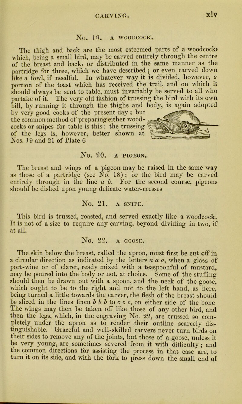 No. I 0. A WOODCOCK. The thigh and back are the most esteemed parts of a woodcock* which, being a small bird, may be carved entirely through the centre of the breast and back, or distributed in the same manner as the partridge for three, which we have described; or even carved down like a fowl, if needful. In whatever way it is divided, however, a portion of the toast which has received the trail, and on which it should always be sent to table, must invariably be served to all who partake of it. The very old fashion of trussing the bird with its own bill, by running it through the thighs and body, is again adopted by verjr good cooks of the present day ; but the common method of preparing either wood- ^ cocks or snipes for table is this : the trussing W of the legs is, however, better shown at Nos. .19 and 21 of Plate 6 No. 20. A PIGEON. The breast and wings of a pigeon may be raised in the same way as those of a partridge (see No. 18) ; or the bird may be carved entirely through in the line a b. For the second course, pigeons should be dished upon young delicate water-cresses No. 21. A SNIPE. This bird is trussed, roasted, and served exactly like a woodcock. It is not of a size to require any carving, beyond dividing in two, if at all. No. 22. A GOOSE. The skin below the breast, called the apron, must first be cut off in a circular direction as indicated by the letters a a a, when a glass of port-wine or of claret, ready mixed with a teaspoonful of mustard, may be poured into the body or not, at choice. Some of the stuffing should then be drawn out with a spoon, and the neck of the goose, which ought to be to the right and not to the left hand, as here, being turned a little towards the carver, the flesh of the breast should be sliced in the lines from b b b to c c c, on either side of the bone The wings may then be taken off like those of any other bird, and then the legs, which, in the engraving No. 22, are trussed so com- pletely under the apron as to render their outline scarcely dis- tinguishable. Graceful and well-skilled carvers never turn birds on their sides to remove any of the joints, but those of a goose, unless it be very young, are sometimes severed from it with difficulty; and the common directions for assisting the process in that case are, to turn it on its side, and with the fork to press down the small end of