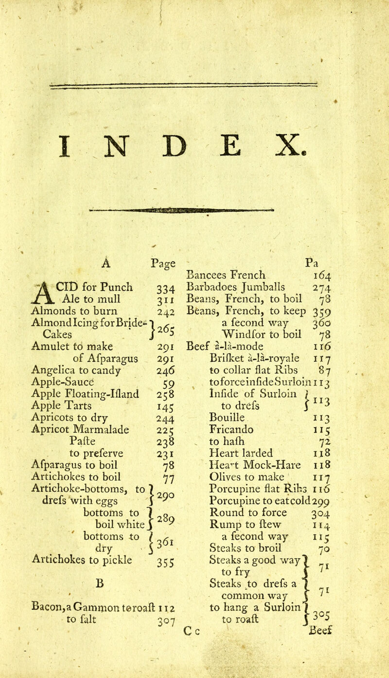 Page ACID for Punch 334 Ale to mull 31 x Almonds to burn 242 Almond Icing for Bride- Cakes Amulet to make of Afparagus Angelica to candy Apple-Saucd Apple Floating-Ifland Apple Tarts Apricots to dry Apricot Marmalade Pafte to preferve Afparagus to boil Artichokes to boil Artichoke-bottoms, to drefs with eggs bottoms to 7 boil white J ^ bottoms to | 261 Artichokes to pickle 355 }2<5; 291 291 246 59 258 145 244 225 238 231 78 77 290 B Bacon,a Gammon teroaft 112 to fait 307 Pa Bancees French 164 Barbadoes Jumballs 274 Beans, French, to boil 78 Beans, French, to keep 359 a fecond way 3 60 Windfor to boil 78 Beef a-la-mode 116 Brilket a-la-royale 117 to collar flat Ribs 87 toforceinfideSurloin 113 Infide of Surloin } , to drefs j 13 Bouille 113 Fricando 115 to hafh 72 Heart larded 118 Heavt Mock-Hare 118 Olives to make 117 Porcupine flat Ribs 116 Porcupine to eat cold 299 304 114 XI5 70 Round to force Rump to (lew a fecond way Steaks to broil Steaks a good way to fry Steaks to drefs a common way to hang a Surloin’ to roaft C c 71 71 305 Beef