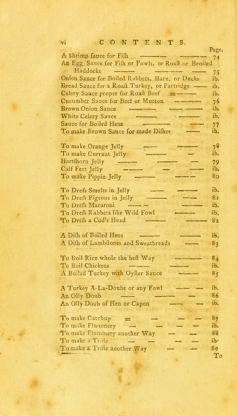 Page. A Shrimp fauce for Fifli , 74 An Egg Sauce for Fifh or Fowls, or Roaft or Broiled Haddocks 75 Onion Sauce for Boiled Rabbet?, Hare, or Ducks ib. Bread Sauce for a Roafl; Turkey, or Partridge ib. Celery Sauce proper for Roaft Beef ib. Cucumber Sauce for Beef or Mutton 76 Brown Onion Sauce ■ —■» ib. White Celery Sauce — ib. Sauce for Boiled Hens 77 To make Brown Sauce for made Diflies ib. To make Orange Jelly ^ - - 78 To make Currant Jelly ■ — ib. Hartlhorn Jelly ^ -— — 79 Calf Feet Jelly ——— ■ ■— ib. To make Pippin Jelly — — 80 To Drefs Smelts in Jelly ' ■■ ib. To Drefs Pigeons in Jelly — — ——• 81 To Drefs Macaroni ^ — ib. To Drefs Rabbets like Wild Fowl — — ib. To Drefs a Cod’s Head — 82 A Dilh of Boiled Hens ‘ ib. A‘ Dilh of Lambftones and Sweatbreads 83 To Boll Rice whole the bell Way —-— 84 To Boil Chickens ■■■■ — ib. A Boiled Turkey with Oyller Sauce ——— 8j A Turkey A-La-Doube or any Fowl — ib. An Oily Doub —■— —.—— — 86 An Oily Doub of Hen or Capon — ib. To make Catchup ~ — — —.87 To make Flummery — — — — ib. To make Flummery another Way —• — 88 To make a Trifle — — — — ib- To make a Trifle another Way — — 89 —