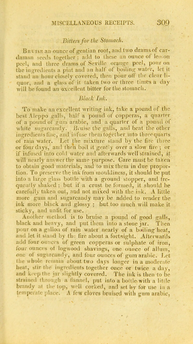 Bitters for the Stomach. Bruise an ounce of gentian root, and two drains of car- daman seeds together : add to these an ounce ot lemon peel, and three drams of Seville orange peel, pour on the ingredients a pint and an halt of boiling water, let it stand an hour closely covered, then pour oil the clear li- quor, and a glass of it taken two or three times a day will be found an excellent bitter for the stomach. Black Ink. To make an excellent writing ink, fake a pound of the best Aleppo galls, half a pound of copperas, a quarter of a pound of gum arabic, and a quarter of a pound of white sugarcandy. B.uise the galls, and beat the other ingredients fine, and infuse them together into threequarts of rain water. Let the mixture stand by the fire three or four days, and then boil it gently over a slow fire ; or if infused into cold water and afterwards well strained, it will nearly answer the same purpose. Gare must be taken to obtain good materials, and to mix them in due propor- tion. To preserve the ink from mouldiness, it should be put into a large glass bottle with a ground stopper, and fre- quently shaked ; but if a crust be formed, it should be carefully taken out, and not mixed with the ink. A little more gum and sugarcandy may be added to render the ink more block and glossy ; but too much will make it sticky, and unfit for use. Another method is to bruise a pound of good galls, black and heavy, and put them into a stone jar. Then pour on a gallon of rain water nearly of a boiiing heat, and let it stand by the tire about a fortnight. Afterwards add four ounces of green copperas or sulphate of iron, four ounces of logwood shavings, one ounce of allutti, one of sugarcandy, and four ounces of gum arabic. Let the whole remain about two days longer in a moderate heat, stir the ingredients together once or twice a day, and k 'cp the jar slightly covered. The ink is then to be strained through a flannel, put info a bottle with a little brandy at the top, well corked, and set by tor use in a temperate place. A few cloves bruised with gum arabic.