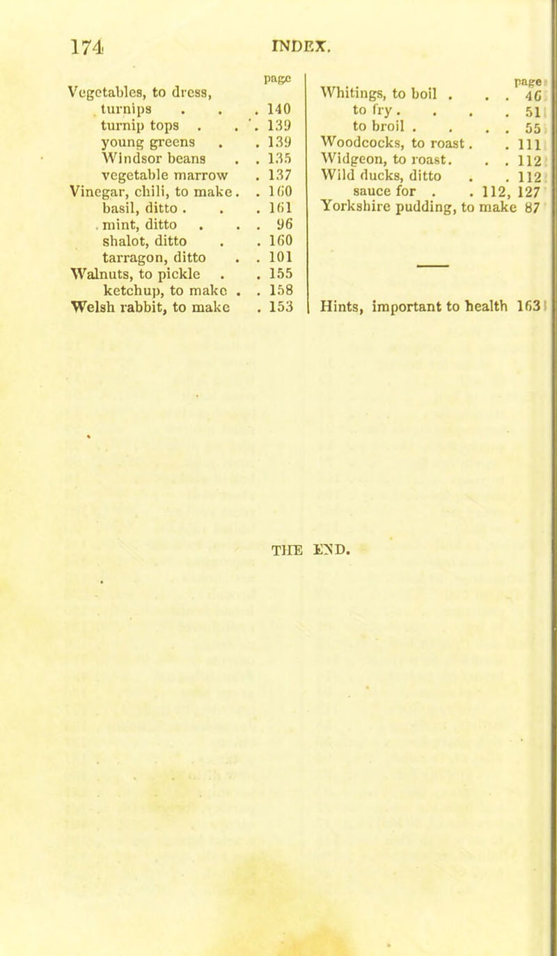 Vegetables, to dress, page turnips . 140 turnip tops . 139 young greens . 139 Windsor beans . 135 vegetable marrow . 137 Vinegar, chili, to make. . 100 basil, ditto . . 161 . mint, ditto . 96 shalot, ditto . 160 tarragon, ditto . 101 Walnuts, to pickle . 155 ketchup, to make . . 158 Welsh rabbit, to make . 153 Whitings, to boil . to fry. to broil , Woodcocks, to roast. Widgeon, to roast. Wild ducks, ditto sauce for . Yorkshire pudding, to make 87 rape 46 51 55 111 112 112 112, 127 Hints, important to health 163 THE EMD,