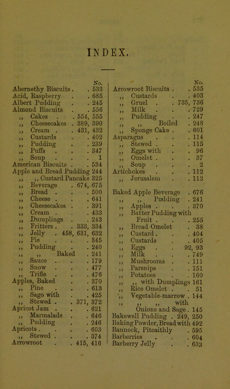 I^’DEX. Abcrnethy Biscuits. Acid, Raspberry Albert Puddiii Almond Biscuits ,, Cakes . . 554, ,, Cheesecakes . 389, „ Cream . . 431, ,, Custards „ Pudding ,, Puffs ,, Soup American Biscuits . Apple and Bread Pudding ,, ,, Custard Pancake ,, Beverage . 674, ,, Bread . ,, Cheese . ,, Cheesecakes . ,, Cream . „ Dumplings . ,, Fritters. . 333, ,, Jelly . 458, 631, ,, Pie . . . ,, Pudding ,, ,, Baked ,, Sauce . ,, Snow ,, Trifle Apples, Baked ,, Pine ,, Sago with ,, Stewed . . 371, Apricot Jam . „ Marmalade . ,, Pudding Apricots .... ,, Stewed , Arrowroot . ,415, No. Arrowroot Biscuits . 535 Custards 403 ) t Gruel . . 735, 736 i j Milk . 729 >} Pudding 247 } j ,, BoUed 248 ij Sponge Cake . 601 Asparagus 114 } f Stewed . 115 }f Eggs with 96 9) Omelet . 37 f 1 Soup 2 Ai'tichokes 112 yj Jerusalem 113 Baked Apple Beverage . 676 yy „ Pudding 241 yy Apples . 370 yy Batter Pudding with Fruit . 255 y y Bread Omelet 38 yy Custard. 404 yy Custards 405 yy Eggs . . 92 , 93 y y Milk . 749 y y Mushrooms . 111 y y Parsnips 151 y y Potatoes 160 yy ,, with Dumplings 161 yy Rice Omelet . 51 yy Vegetable-marrow . 144 yy ,, „ -with >» t> )) >V1WI Onions and Sago . 145 Bakewell Pudding . 249, 250 Baking Powder, Bread wth 492 Bannock, Pitcaithly . 595 Barbcnies . . , 6O4 ' Barberry Jelly . . 633 No. 533 685 245 556 555 390 432 402 239 347 1 534 244 325 675 500 641 391 433 243 334 632 345 240 241 179 477 476 370 613 425 372 621 646 246 603 374 416