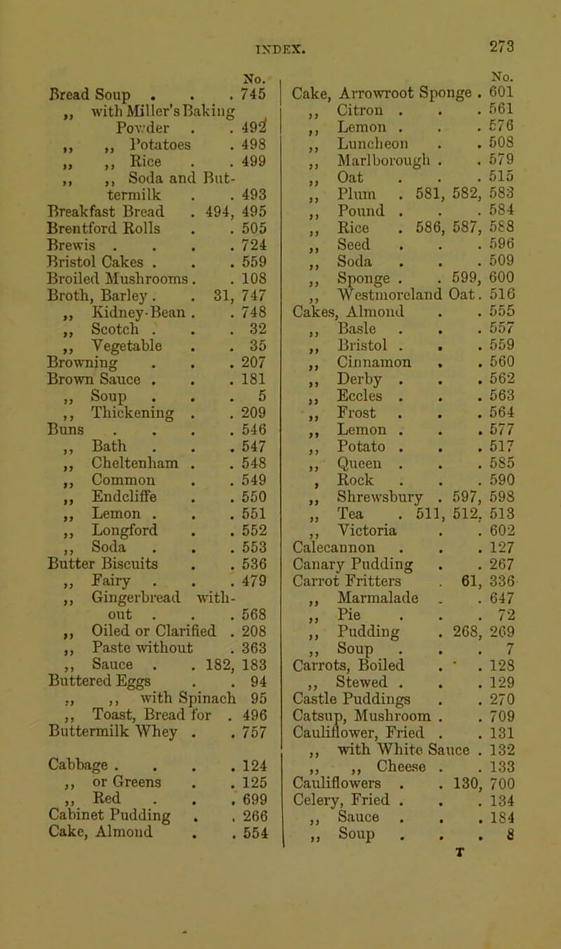 No. No. Bread Soup . . 745 Cake, Arrowroot Sponge . 601 ,, with Miller's Baking } } Citron . . 561 Powder . 492 f ) Lemon . . 576 ,, „ Potatoes . 498 f y Luncheon . 508 „ „ Rice . 499 y y Marlborough . . 579 ,, ,, Soda and But- yy Oat . 515 termilk . 493 j y Plum . 581, 582, 583 Breakfast Bread 494, 495 y y Pound . . 584 Brentford Rolls . 505 y y Rice . 586, 587, 588 Brewis . . 724 y y Seed . 596 Bristol Cakes . . 559 y y Soda . 509 Broiled Mushrooms. . 108 yy Sponge . 599, 600 Broth, Barlej'. 31, 747 yy Westmoreland Oat. 516 „ Kidney-Bean . . 748 Cakes, Almond . 555 „ Scotch . . 32 } y Basle . 557 ,, Vegetable . 35 ff Bristol . . 559 Browning . 207 yy Cinnamon . . 560 Brown Sauce . . 181 yy Derby . . 562 „ Soup . 5 yy Eccles . . 563 ,, Thickening . . 209 y y Frost . 564 Buns . 546 y y Lemon . . 577 ,, Bath . 547 y y Potato . . 517 ,, Cheltenham . . 548 yy Queen . . 585 ,, Common . 549 y Rock . 590 ,, Endcliffe . 550 yy Shrewsbury , 597, 598 ,, Lemon . . 551 yy Tea . 511, 512. 513 ,, Longford . 552 yy Victoria . 602 ,, Soda . 553 Calecannon . 127 Butter Biseuits . 536 Canary Pudding . 267 „ Fairy . . 479 Carrot Fritters 61, 336 ,, Gingerbread with- yy Marmalade . . 647 out . . 568 y y Pie . 72 „ Oiled or Clarified . 208 yy Pudding 268, 269 ,, Paste without . 363 yy Soup . 7 ,, Sauce 182, 183 Carrots, Boiled • . 128 Buttered Eggs . 94 yy Stewed . . 129 ,, ,, with Spinach 95 Castle Puddings . 270 ,, Toast, Bread for . 496 Catsu p. Mushroom . . 709 Buttermilk Whey . . 757 Cauliflower, Fried . . 131 } y with White Sauce . 132 Cabbage . . 124 y y ,, Cheese . . 133 ,, or Greens . 125 Cauliflowers . 130, 700 ,, Red . 699 Celery, Fried . . 134 Cabinet Pudding . 266 y y Sauce . 184 Cake, Almond . 554 yy Soup . 8 T