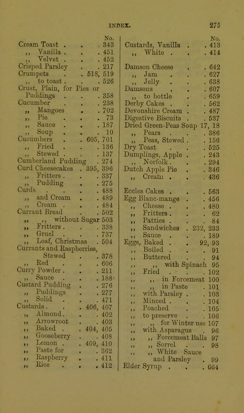 Cream Toast . ,, Vanilla . ,, Velvet . Crisped Parsley Crumpets . 518, ,, to toast. Crust, Plain, for Pies or Puddings Cucumber ,, Mangoes ,, Pie . „ Sauce . ,, Soup Cucumbers . 605, ,, Fried ,, Stewed . Cumberland Pudding Curd Cheesecakes . 395, „ Fritters. ,, Pudding , , Curds ,, and Cream ,, Cream . CuiTant Bread . „ ,, mthout Sugar „ Fritters. ,, Gruel • , ,, Loaf, Christinas Currants and Raspberries, Stewed ,, Red Curry Powder. ,, Sauce Custard Pudding „ Puddings ,, Solid Custards. . . 406, „ Almond. „ Arrowroot ,, Baked . . 404, ,, Gooseberry ,, Lemon . , 409, ,, Paste for , ,, Raspberry „ Rice No. Custards, Vanilla . .413 ,, White . . . 414 Damson Chee.se . . 642 ,, Jam . . . 627 ,, Jelly . . . 638 Damsons , . . 607 ,, to bottle . . 659 Derby Cakes . . . 562 Devonshire Cream . . 487 Digestive Biscuits . . 537 Dried Green-Peas Soup 17, 18 ,, Pears . . . 386 ,, Peas, Stewed . . 156 Dry Toast . . . 525 Dumplings, Apple . . 243 ,, Norfolk. . .294 Dutch Apple Pie . .346 ,, Cream . . . 436 Eccles Cakes . . . 563 Egg Blanc-mange . . 456 ,, Cheese . . . 480 ,, Fritters. . .62 ,, Patties . . .84 ,, Sandwiches . 232, 233 ,, Sauce . . .189 Eggs, Baked . . 92, 93 ,, Boiled . . .91 ,, Buttered . . 94 ,, ,, with Spinach 95 ,, Fried . ' . . 102 ,, ,, in Forcemeat 100 ,, ,, in Paste . 101 ,, with Parsley . .103 ,, Minced . . . 104 ,, Poached . . 105 ,, to preserve . .106 ,, ,, for Winter use 107 ,, with Asparagus . 96 ,, ,, Forcemeat Balls 97 „ „ Sorrel . . 98 ,, ,, White Sauce and Parsley . 99 Elder Syrup . . . C64 No. 343 451 452 217 519 526 358 238 702 73 187 10 701 136 137 274 396 337 275 488 489 484 502 503 338 737 504 378 606 211 188* 276 277 471 407 402 403 405 408 410 362 411 412