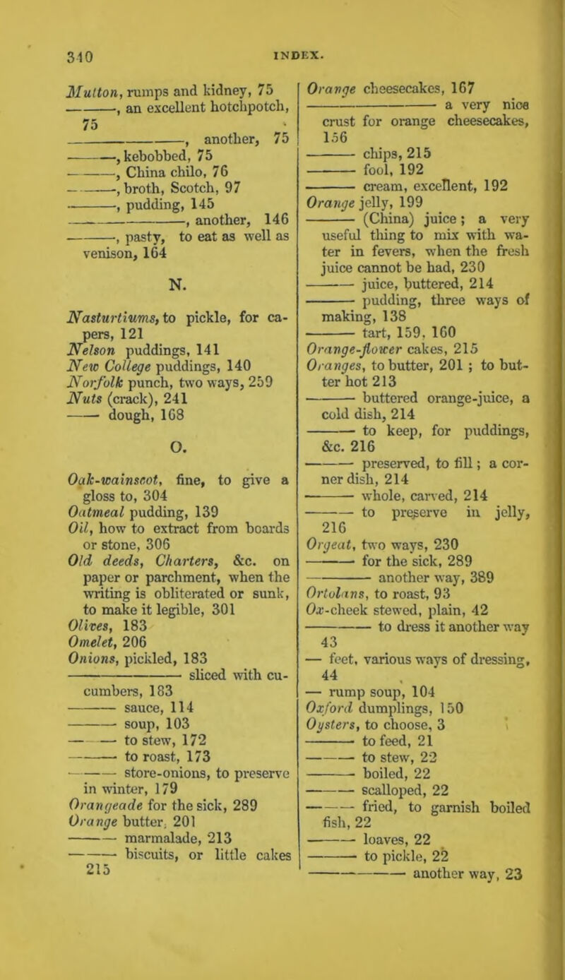 Mutton, rumps and kidney, 75 , an excellent hotchpotch, 75 , another, 75 , kebobbed, 75 , China chilo, 76 ——•, broth, Scotch, 97 , pudding, 145 , another, 146 , pasty, to eat as well as venison, 164 N. Nasturtiums, to pickle, for ca- pers, 121 Nelson puddings, 141 New College puddings, 140 Norfolk punch, two ways, 259 Nuts (crack), 241 dough, 1G8 O. Oak-wainseot, fine, to give a gloss to, 304 Oatmeal pudding, 139 Oil, how to extract from boards or stone, 306 Old deeds, Charters, &c. on paper or parchment, when the writing is obliterated or sunk, to make it legible, 301 Olives, 183 Omelet, 206 Onions, pickled, 183 sliced with cu- cumbers, 183 sauce, 114 soup, 103 to stew, 172 to roast, 173 store-onions, to preserve in winter, 179 Orangeade for the sick, 289 Orange butter, 201 marmalade, 213 biscuits, or little cakes Orange cheesecakes, 167 a very nice crust for orange cheesecakes, 1.56 chips, 215 fool, 192 ■ cream, excellent, 192 Orange jelly, 199 (China) juice; a very useful thing to mix with wa- ter in fevers, when the fresh juice cannot be had, 230 juice, buttered, 214 pudding, three ways of making, 138 tart, 159. 160 Orange-Jlower cakes, 215 Oranges, to butter, 201 ; to but- ter hot 213 buttered orange-juice, a cold dish, 214 to keep, for puddings, &c. 216 preserved, to fill; a cor- ner dish, 214 whole, carved, 214 to preserve in jelly, 216 Orgeat, two ways, 230 for the sick, 289 another way, 389 Ortolans, to roast, 93 0a-cheek stewed, plain, 42 to dress it another way 43 — feet, various ways of dressing, 44 — rump soup, 104 Oxford dumplings, 150 Oysters, to choose, 3 to feed, 21 to stew, 22 boiled, 22 scalloped, 22 — fried, to garnish boiled fish, 22 loaves, 22 to pickle, 22 215