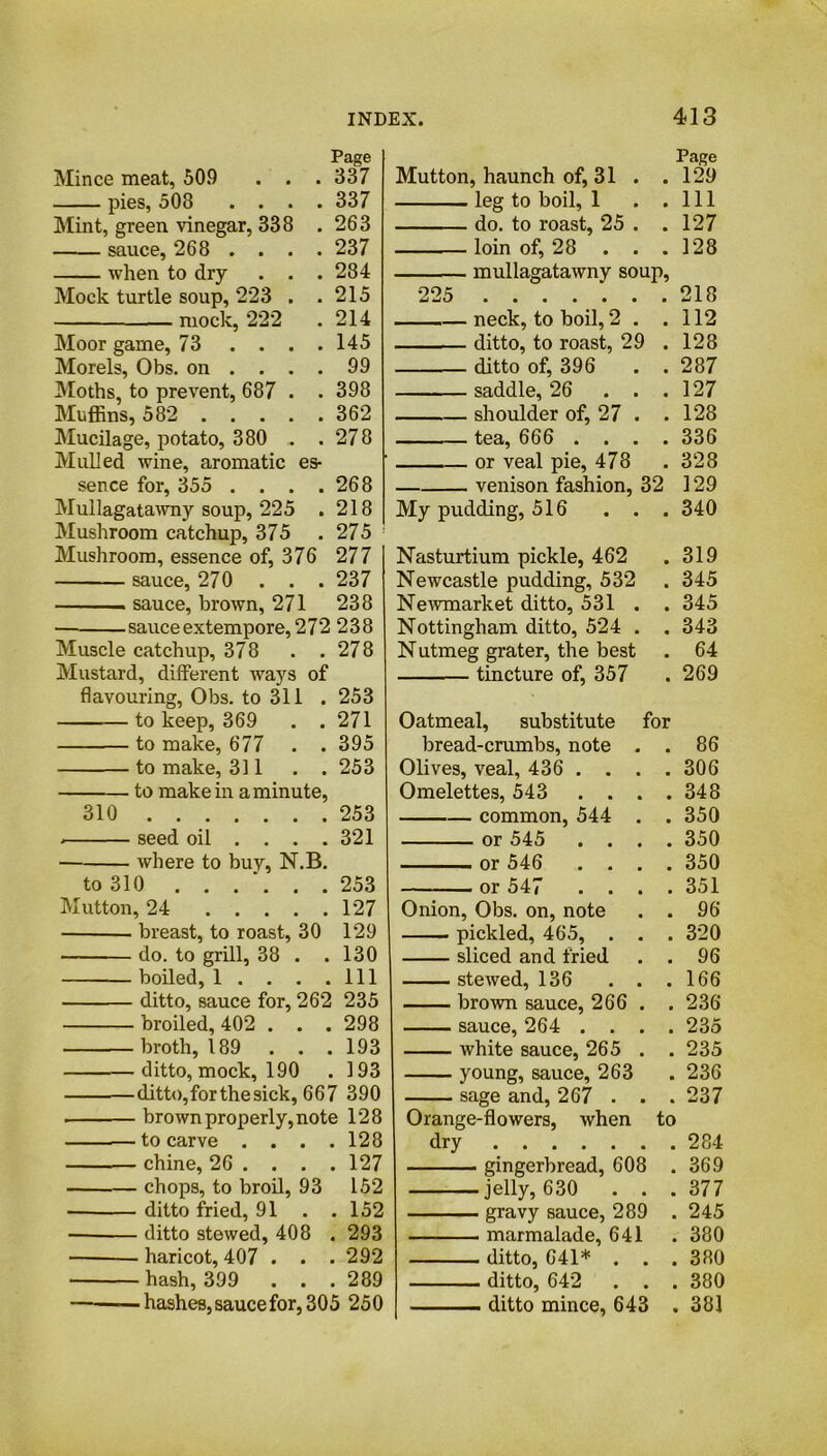 Page Mince meat, 509 . . . 337 pies, 508 .... 337 Mint, green vinegar, 338 .263 sauce, 268 . . . . 237 when to dry . . . 284 Mock turtle soup, 223 . . 215 mock, 222 . 214 Moor game, 73 .... 145 Morels, Obs. on .... 99 Moths, to prevent, 687 . . 398 Muffins, 582 362 Mucilage, potato, 380 . .278 Mulled wine, aromatic es- sence for, 355 . . . .268 Mullagatawny soup, 225 .218 Mushroom catchup, 375 .275 Mushroom, essence of, 376 277 sauce, 270 . . . 237 . sauce, brown, 271 238 sauce extempore, 272 238 Muscle catchup, 378 . .278 Mustard, different ways of flavouring, Obs. to 311 . 253 to keep, 369 . .271 to make, 677 . . 395 to make, 311 . . 253 to make in a minute, 310 253 seed oil ... . 321 where to buy, N.B. to 310 253 Mutton, 24 127 breast, to roast, 30 129 do. to grill, 38 . .130 boiled, 1 . . . .111 ditto, sauce for, 262 235 broiled, 402 . . . 298 broth, 189 . . . 193 ditto, mock, 190 . 193 ditto,forthesick, 667 390 brown properly, note 128 to carve .... 128 chine, 26 ... . 127 chops, to broil, 93 152 ■ ditto fried, 91 . .152 ditto stewed, 408 . 293 haricot, 407 . . . 292 hash, 399 . . .289 — hashes, sauce for, 305 250 Page Mutton, haunch of, 31 . .129 leg to boil, 1 . .111 do. to roast, 25 . . 127 loin of, 28 . . .128 mullagatawny soup, 225 218 neck, to boil, 2 . .112 ditto, to roast, 29 . 128 ditto of, 396 . . 287 saddle, 26 ... 127 shoulder of, 27 . . 128 tea, 666 .... 336 or veal pie, 478 . 328 venison fashion, 32 129 My pudding, 516 . . . 340 Nasturtium pickle, 462 . 319 Newcastle pudding, 532 . 345 Newmarket ditto, 531 . . 345 Nottingham ditto, 524 . . 343 Nutmeg grater, the best . 64 tincture of, 357 . 269 Oatmeal, substitute for bread-crumbs, note . . 86 Olives, veal, 436 . . . . 306 Omelettes, 543 . . . . 348 common, 544 . . 350 or 545 . . . . 350 ■ . or 546 . . . . 350 or 547 . . . . 351 Onion, Obs. on, note . 96 pickled, 465, . . . 320 sliced and tried . 96 stewed, 136 . . . 166 brown sauce, 266 . . 236 sauce, 264 . . . . 235 white sauce, 265 . . 235 young, sauce, 263 . 236 sage and, 267 . . . 237 Orange-flowers, when to dry . 284 gingerbread, 608 . 369 jelly, 630 . . . 377 gravy sauce, 289 . 245 marmalade, 641 . 380 ditto, 641* . . . 380 ditto, 642 . . . 380 ■■ ditto mince, 643 . 381