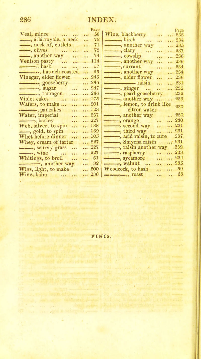 Veal, mince , a-la-royale, a neck , neck of, cutlets , olives , another way Venison pasty hash —, haunch roasted Vinegar, elder flower , gooseberry sugar , tarragon Violet cakes Wafers, to make , pancakes Water, imperial , barley Web, silver, to spin ... , gold, to spin Whet before dinner ... Whey, cream of tartar , scurvy grass ... , wine Whitings, to broil , another way Wigs, light, to make Wine, balm Page 58 72 71 73 74 114 57 56 246 246 247 246 175 201 123 237 227 138 139 105 227 227 227 31 32 200 236 Wine, blackberry , birch , another way , clary , cowslip , another way , currant , another way , elder flower Page 233 234 235 237 236 236 234 234 236 231 232 232 233 -, ginger -, pearl gooseberry -, another way lemon, to drink like 23Q citron water -, another way ... 230 orange 230 -, second way 231 third way 231 -, acid raisin, to cure 237 Smyrna raisin ... 231 -, raisin another way 232 , raspberry , sycamore , walnut ... Woodcock, to hash ■ ■ , roast 233 234 235 59 53 FINIS.