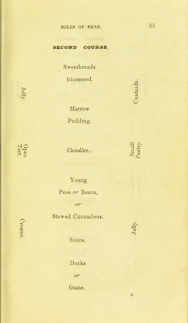 JeI1y- YarT Creams. Sweetbreads fricasseed. Marrow Pudding. Young Peas or Beans, Stewed Cucumbers. Sauce. Game. G Jelly‘ P^Ttry. Custards.