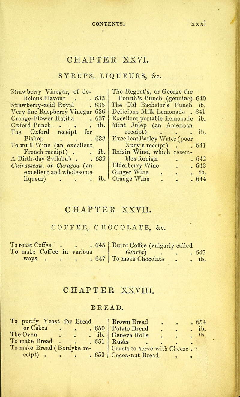 CHAPTER XXYX. SYRUPS, LIQUEURS, &c. Strawberry Vinegar, of de- licious Flavour . . 633 Strawberry-acid Royal . 635 Very fine Raspberry Vinegar 636 Orange-Flower Ratifia . 637 Oxford Punch . . ib. The Oxford receipt for Bishop . . . 638 To mull Wine (an excellent French receipt) . . ih. A Birth-day Syllabub . . 639 Cuirasseau, or Curagoa (an excellent and wholesome liqueur) . . . ib. The Regent’s, or George the Fourth’s Punch (genuine) 640 The Old Bachelor’s Punch ib. Delicious Milk Lemonade . 641 Excellent portable Lemonade ib. Mint Julep (an American receipt) . . . ib. Excellent Barley Water (poor Xury’s receipt) . . 641 Raisin Wine, wrhich resem- bles foreign . . 642 Elderberry Wine . . 643 Ginger Wine . . . ib. Orange Wine . . . 644 CHAPTER XXYII. COFFEE, CHOCOLATE, &c. Burnt Coffee (vulgarly called Gloria) . . . 649 CHAPTER XXYIII. BREAD. To purify Yeast for Bread Brown Bread 654 or Cakes , . 650 Potato Bread ib. The Oven ib. Geneva Rolls ’b. To make Bread . , , 651 Rusks .... To make Bread (B ordyke re- Crusts to serve with Cheese . ceipt) . . 653 Cocoa-nut Bread To roast Coffee . . . 645 To make Coffee in various