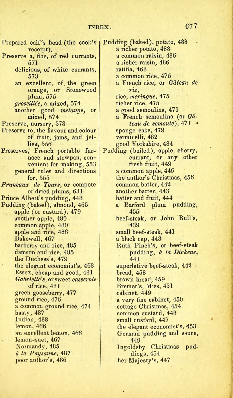 Prepared calf's head (the cook’s receipt), Preserve a, fine, of red currants, 571 delicious, of white currants, 573 an excellent, of, the green orange, or Stonewood plum, 575 groseille'e, a mixed, 574 another good melange, or mixed, 574 Preserve, nursery, 573 Preserve to, the flavour and colour of fruit, jams, and jel- lies, 556 Preserves, French portable fur- nace and stewpan, con- venient for making, 553 general rules and directions for, 555 Pruneaux de Tours, or compote of dried plums, 631 Prince Albert’s pudding, 448 Pudding (baked), almond, 465 apple (or custard), 479 another apple, 480 common apple, 480 apple and rice, 486 Bakewell, 467 barberry and rice, 485 damson and rice, 485 the Duchess’s, 479 the elegant economist’s, 468 Essex, cheap and good, 481 Gabrielle's, or sweet casserole of rice, 481 green gooseberry, 477 ground rice, 476 a common ground rice, 474 hasty, 487 Indian, 488 lemon, 466 an excellent lemon, 466 lemon-suet, 467 Normandy, 485 d la Paysanne, 487 poor author’s, 486 Pudding (baked), potato, 488 a richer potato, 488 a common raisin, 486 a richer raisin, 486 ratifia, 468 a common rice, 475 a French rice, or Gateau de riz, rice, meringue, 475 richer rice, 475 a good semoulina, 471 a French semoulina (or Ga- teau de semoule), 471 * sponge cake, 479 vermicelli, 482 good Yorkshire, 484 ' Pudding (boiled), apple, cherry, currant, or any other fresh fruit, 449 a common apple, 446 the author’s Christmas, 456 common batter, 442 another batter, 443 batter and fruit, 444 a Barford plum pudding, 455 beef-steak, or John Bull’s, 439 small beef-steak, 441 a black cap, 443 Ruth Pinch’s, or beef-steak pudding, d. la Diclcens, 441 superlative beef-steak, 442 bread, 458 brown bread, 459 Bremer’s, Miss, 451 cabinet, 449 a very fine cabinet, 450 cottage Christmas, 454 common custard, 448 small custard, 447 the elegant economist’s, 453 German pudding and sauce, 449 lngoldsby Christmas pud- dings, 454 her Majesty’s, 447